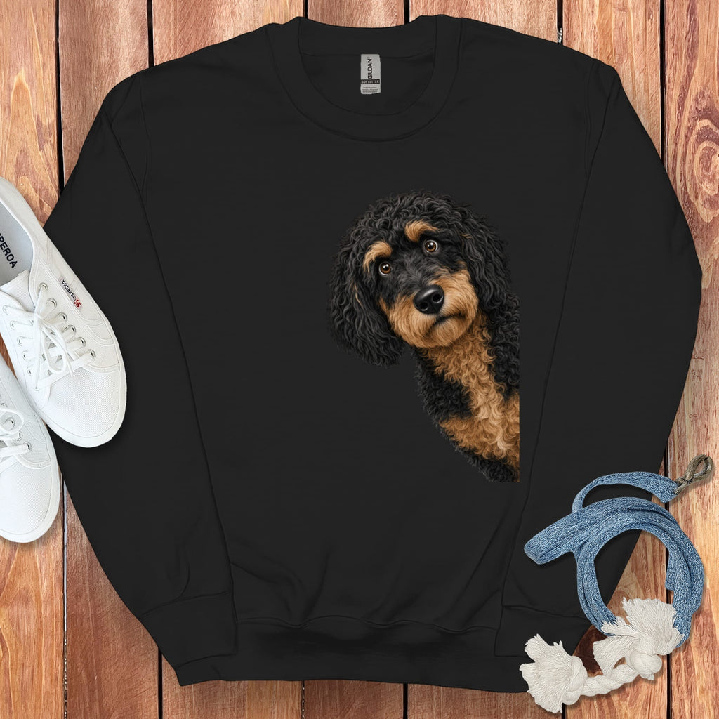 Funny Peeking Phantom Goldendoodle Sweatshirt in Black / S by Puppy Jo