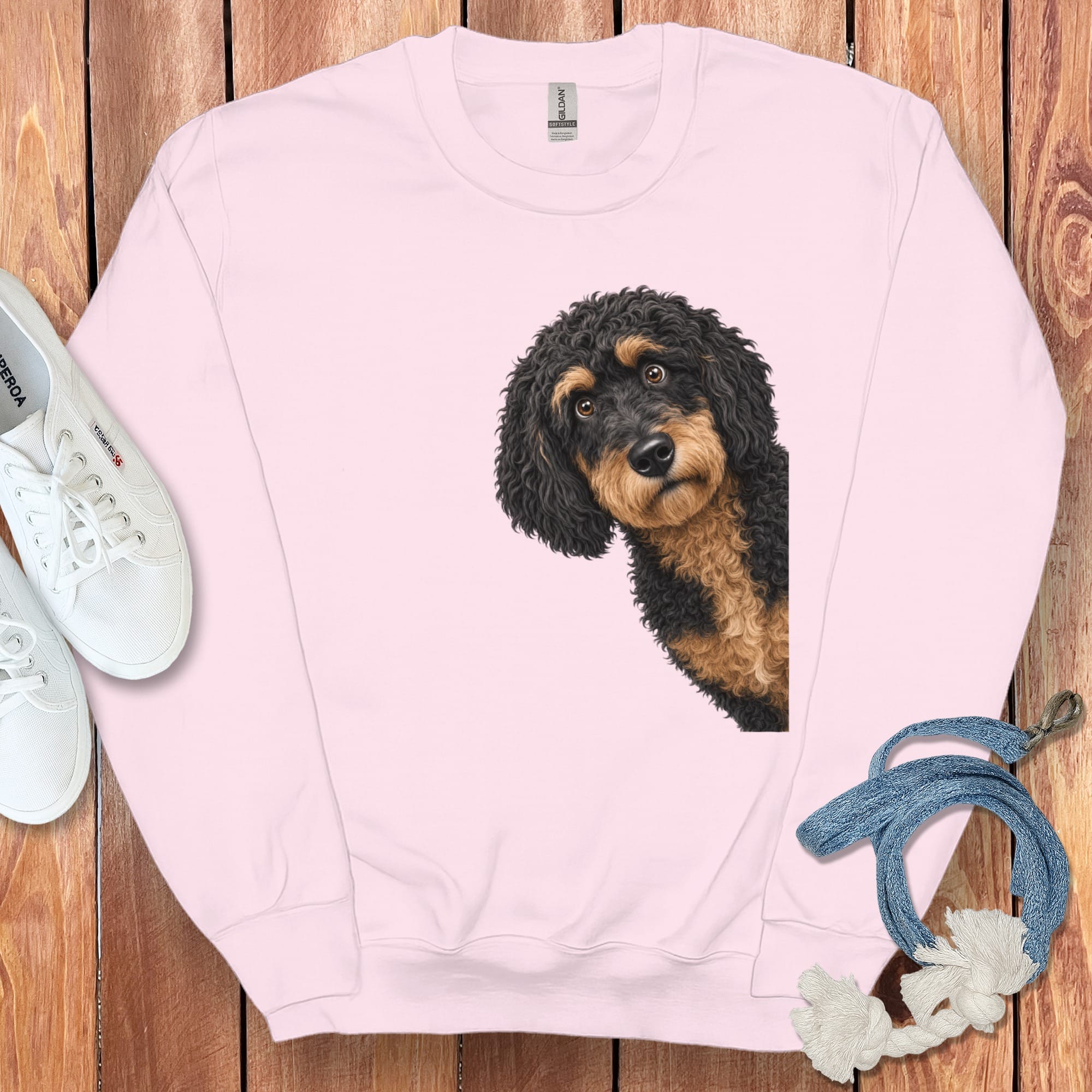 Funny Peeking Phantom Goldendoodle Sweatshirt in Light Pink / S by Puppy Jo