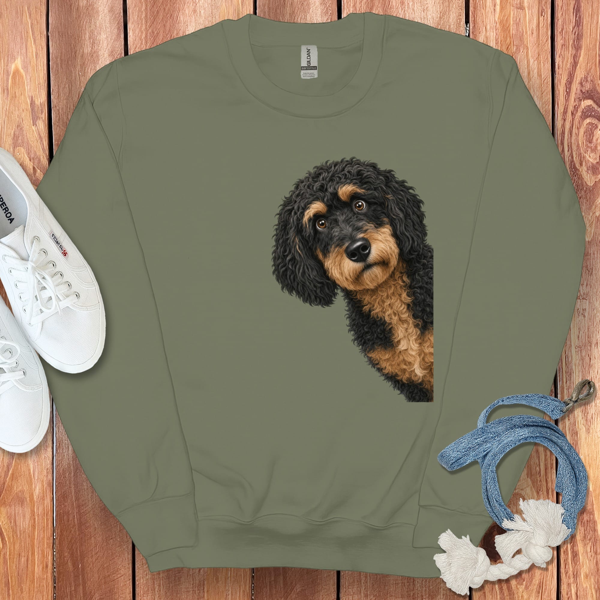 Funny Peeking Phantom Goldendoodle Sweatshirt in Military Green / S by Puppy Jo