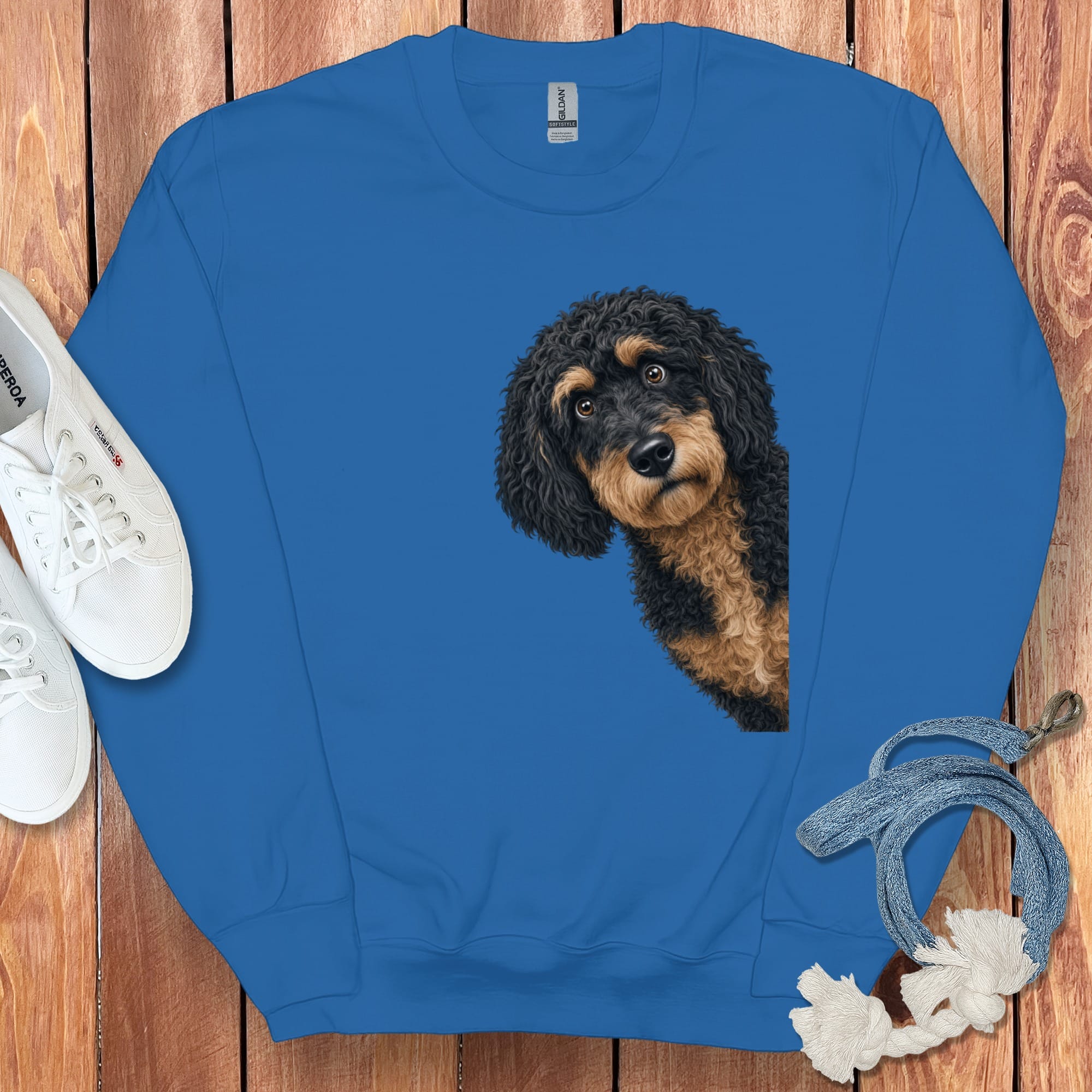 Funny Peeking Phantom Goldendoodle Sweatshirt in Royal / S by Puppy Jo