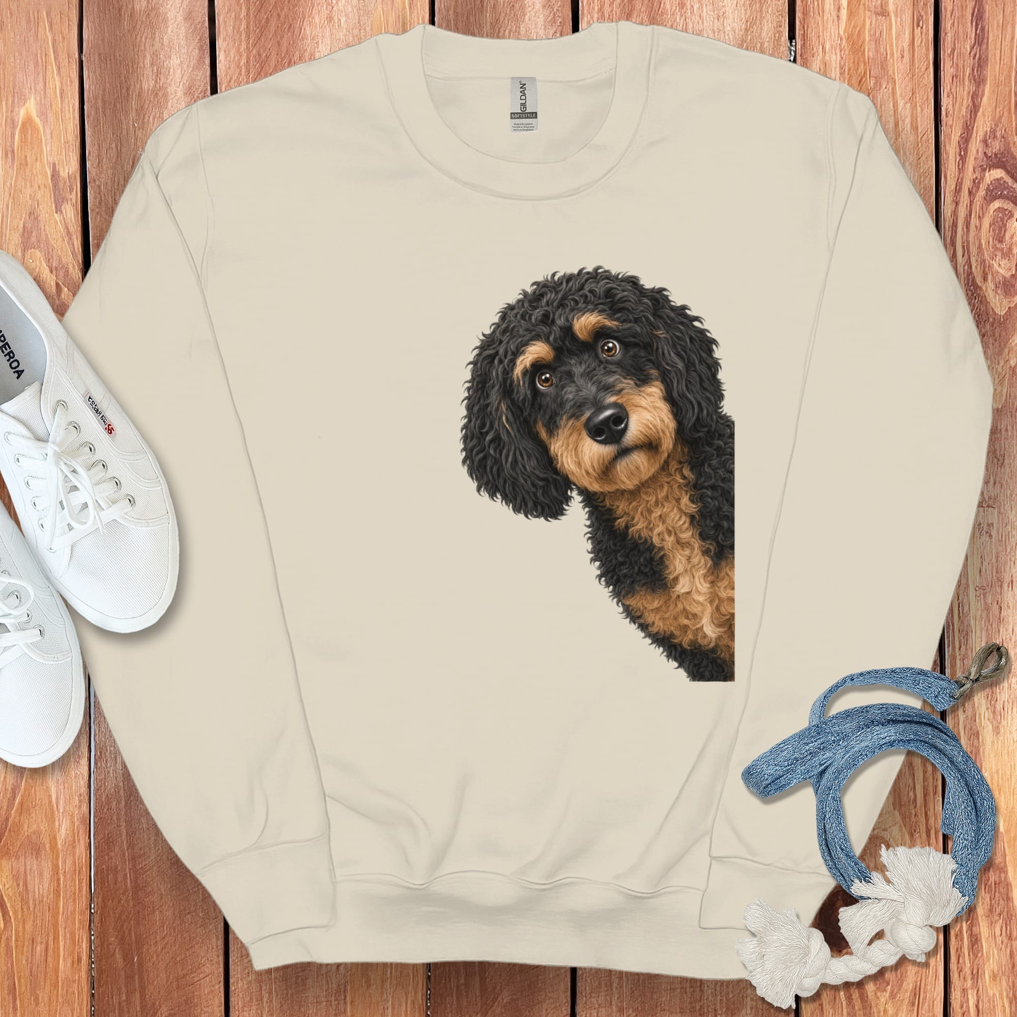 Funny Peeking Phantom Goldendoodle Sweatshirt in Sand / S by Puppy Jo