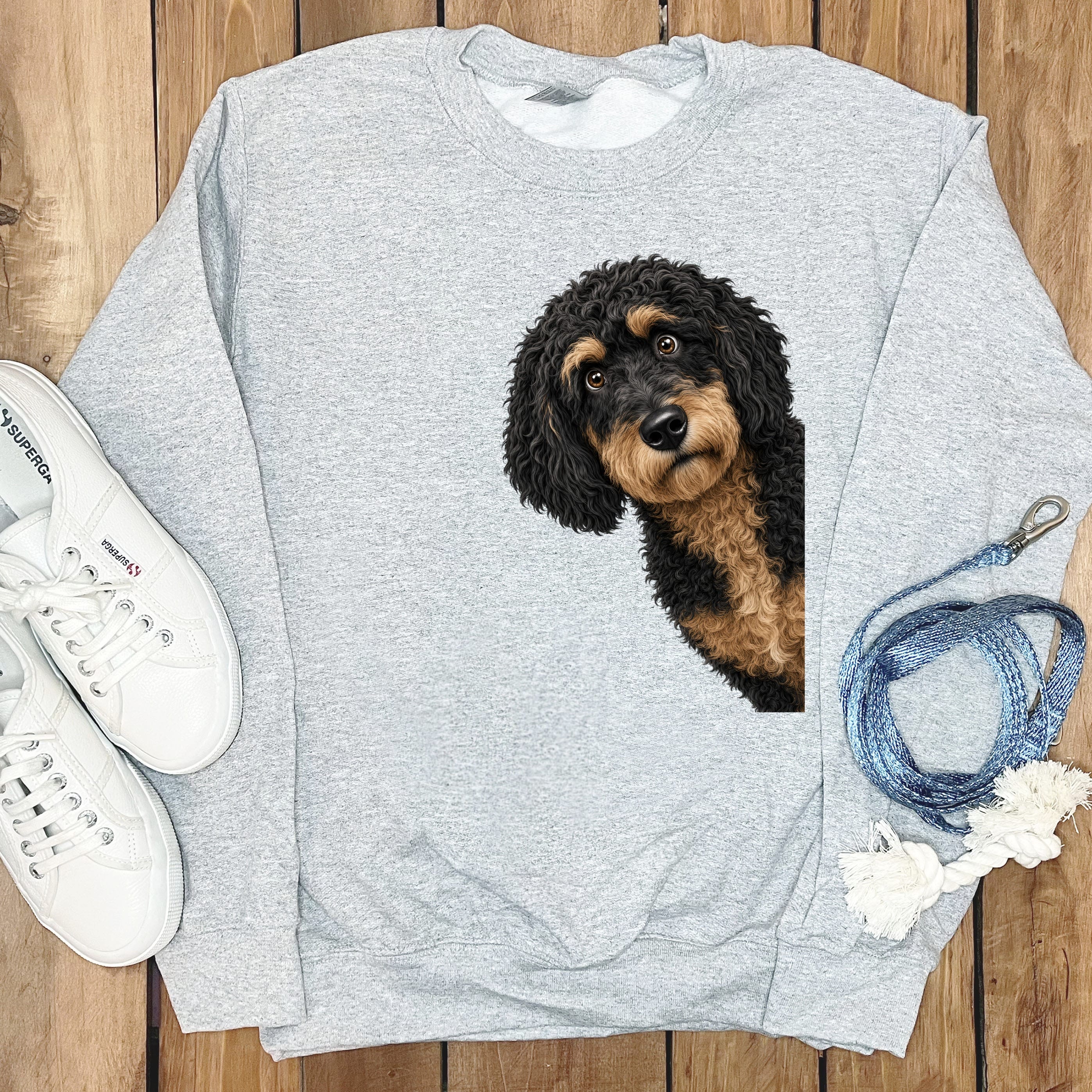Funny Peeking Phantom Goldendoodle Sweatshirt in Sport Grey / S by Puppy Jo