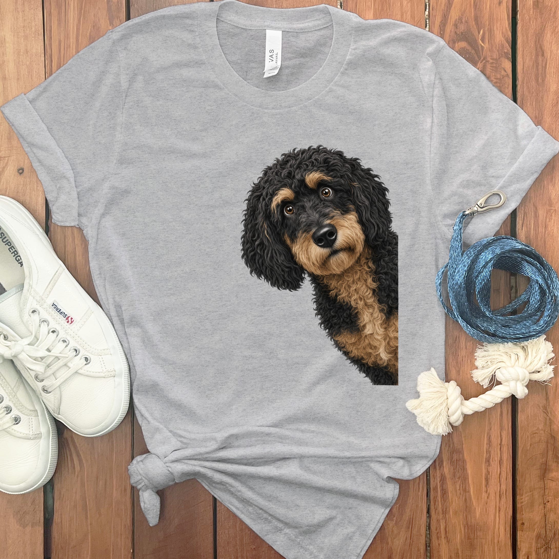 Funny Peeking Phantom Goldendoodle T-Shirt in Athletic Heather / S by Puppy Jo