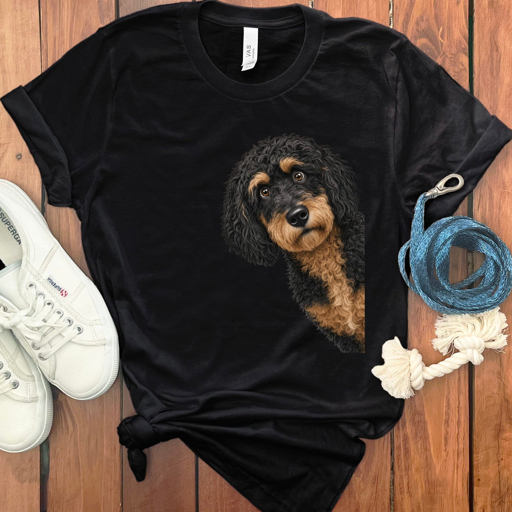 Funny Peeking Phantom Goldendoodle T-Shirt in Black / S by Puppy Jo