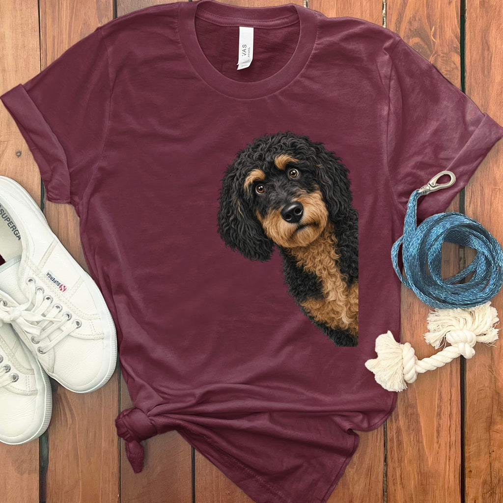Funny Peeking Phantom Goldendoodle T-Shirt in Maroon / S by Puppy Jo