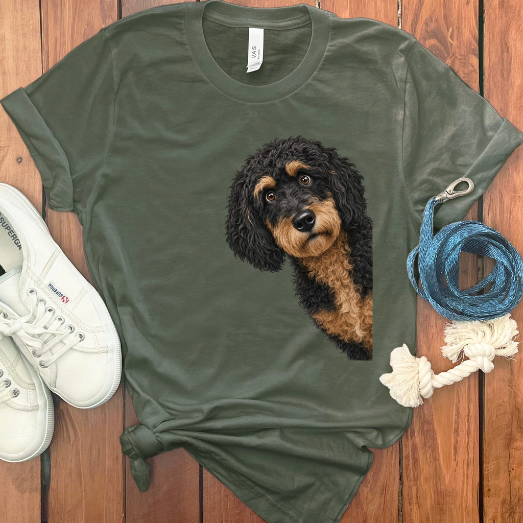 Funny Peeking Phantom Goldendoodle T-Shirt in Military Green / S by Puppy Jo