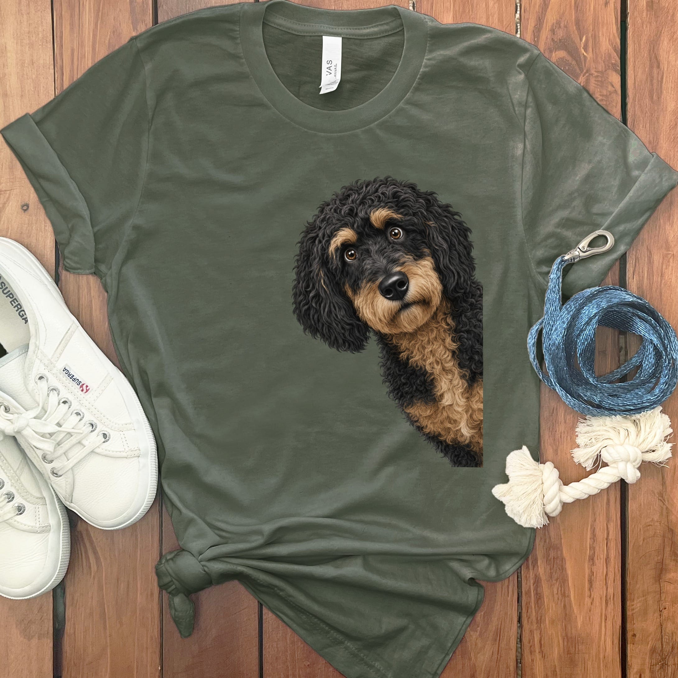 Funny Peeking Phantom Goldendoodle T-Shirt in Military Green / S by Puppy Jo
