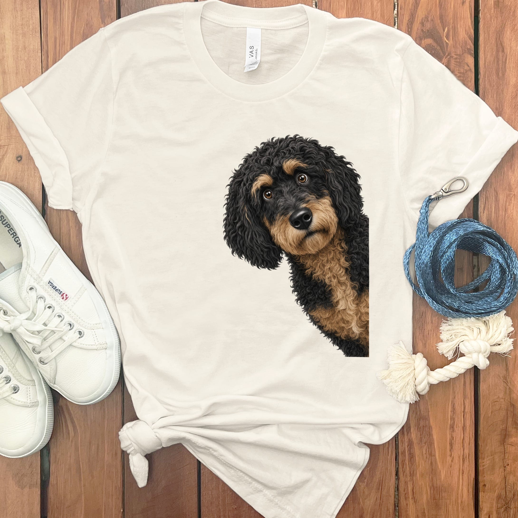Funny Peeking Phantom Goldendoodle T-Shirt in Natural / S by Puppy Jo