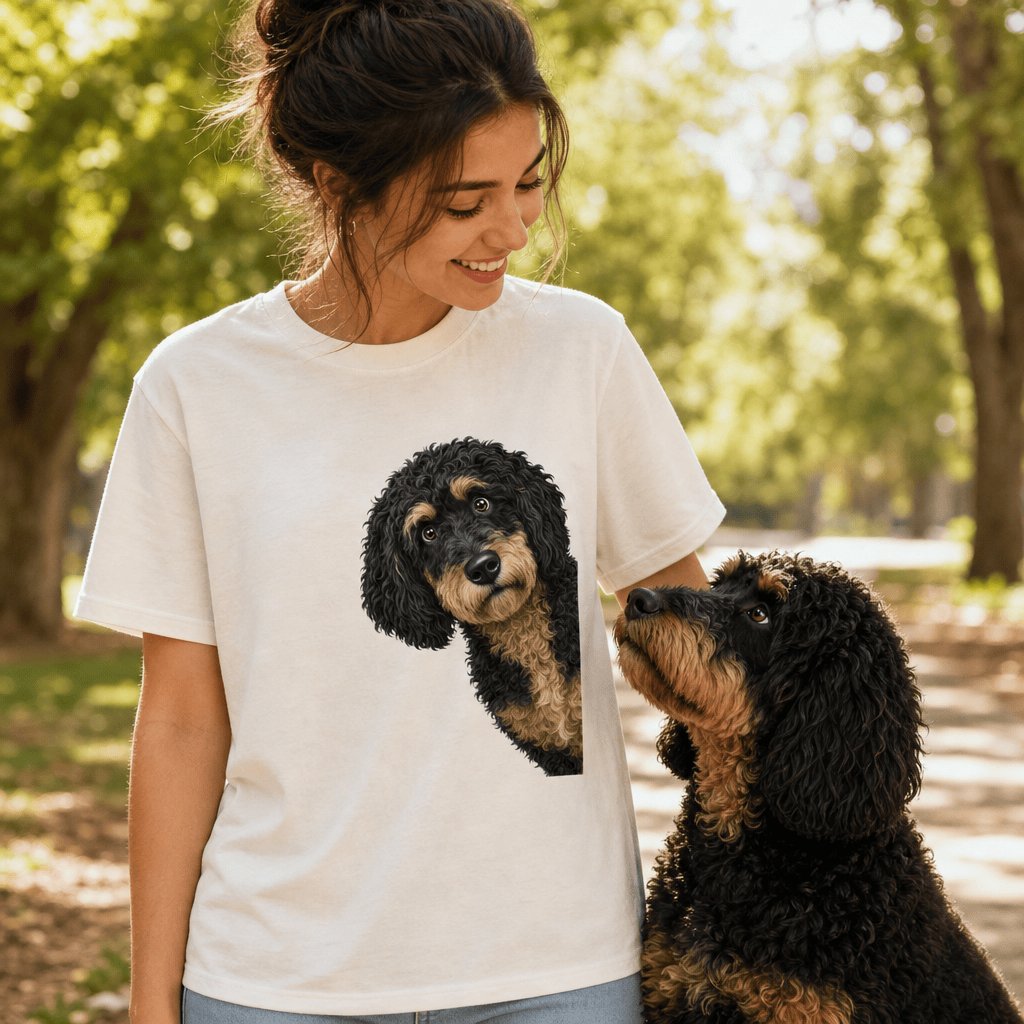 Funny Peeking Phantom Goldendoodle T-Shirt in by Puppy Jo