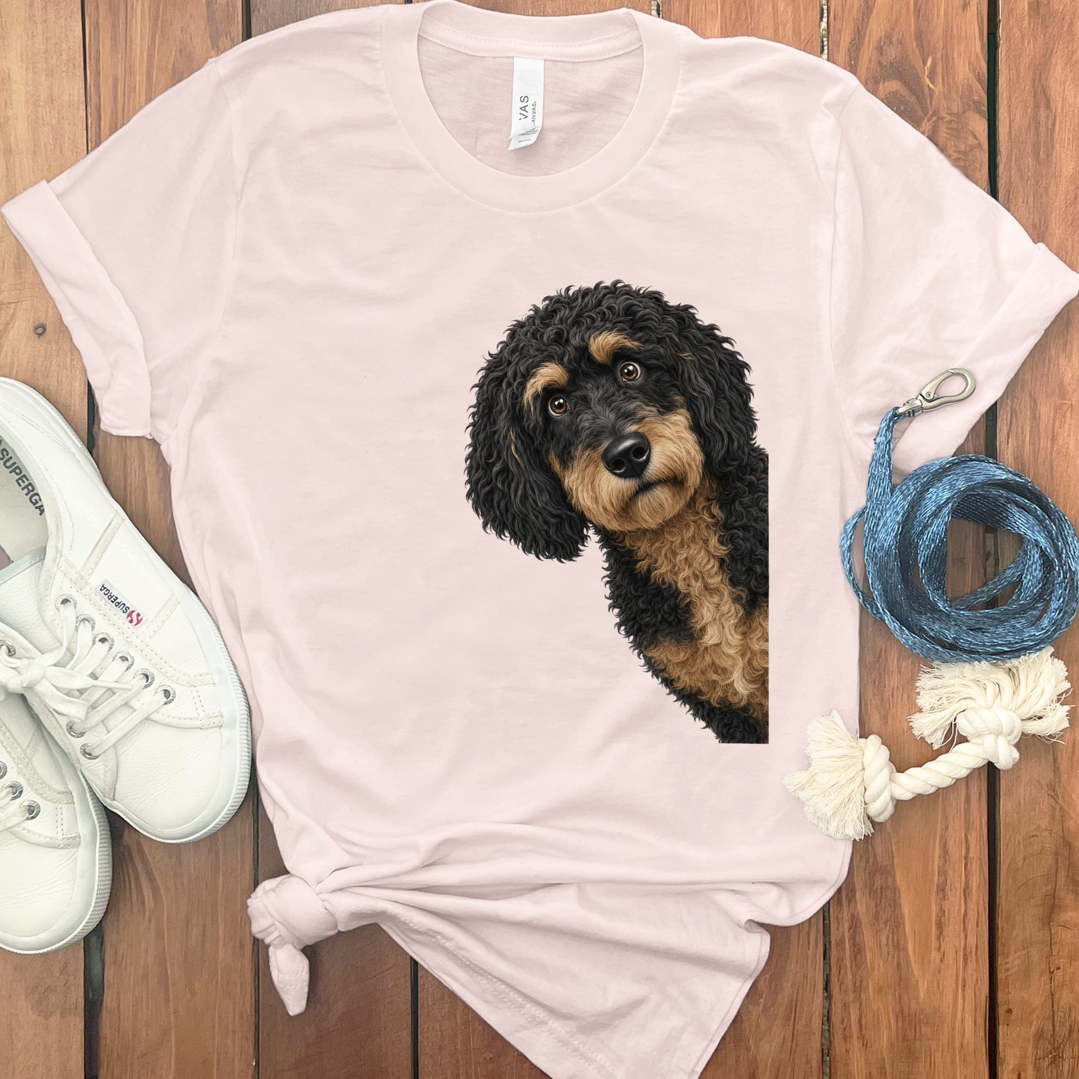 Funny Peeking Phantom Goldendoodle T-Shirt in Soft Pink / S by Puppy Jo