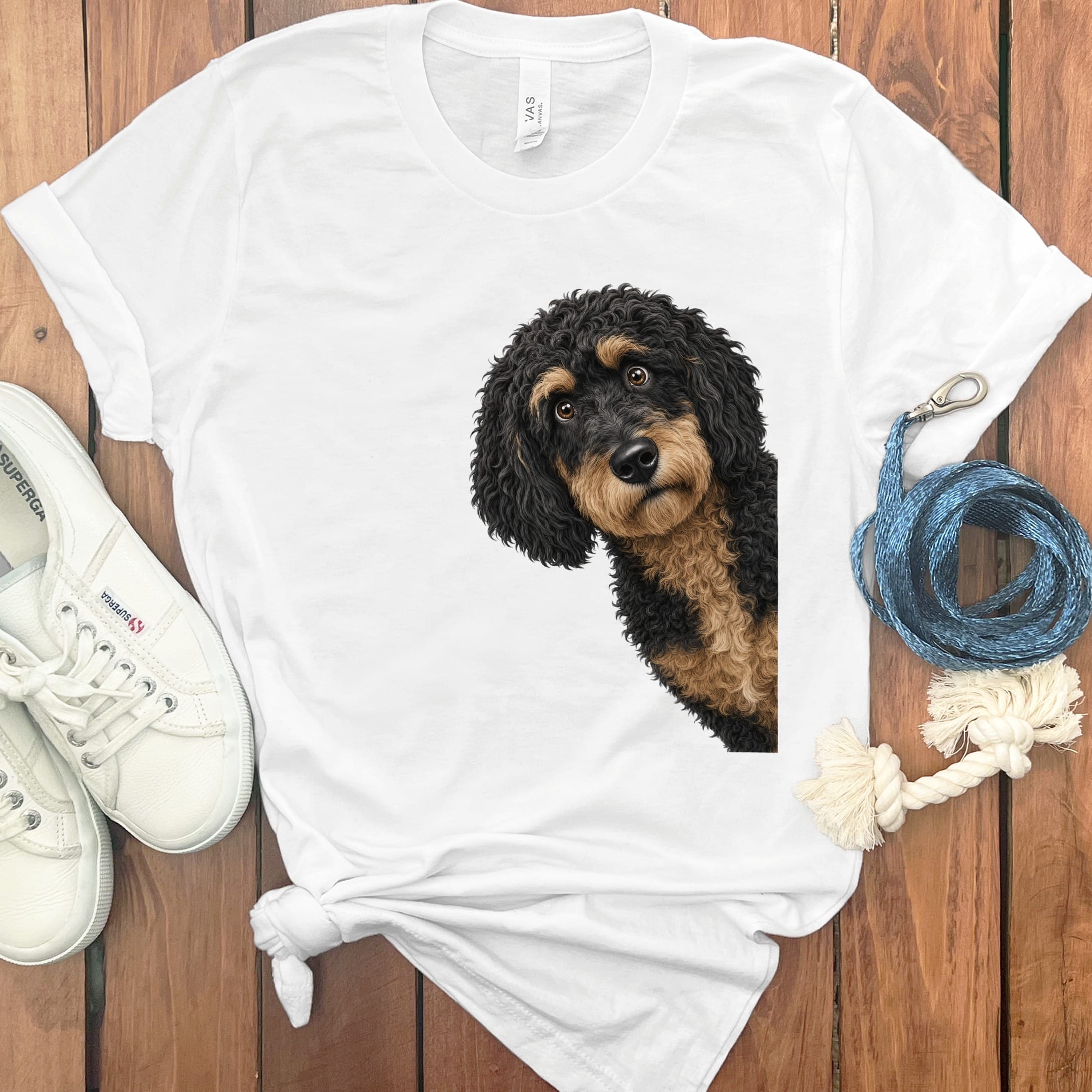 Funny Peeking Phantom Goldendoodle T-Shirt in White / S by Puppy Jo