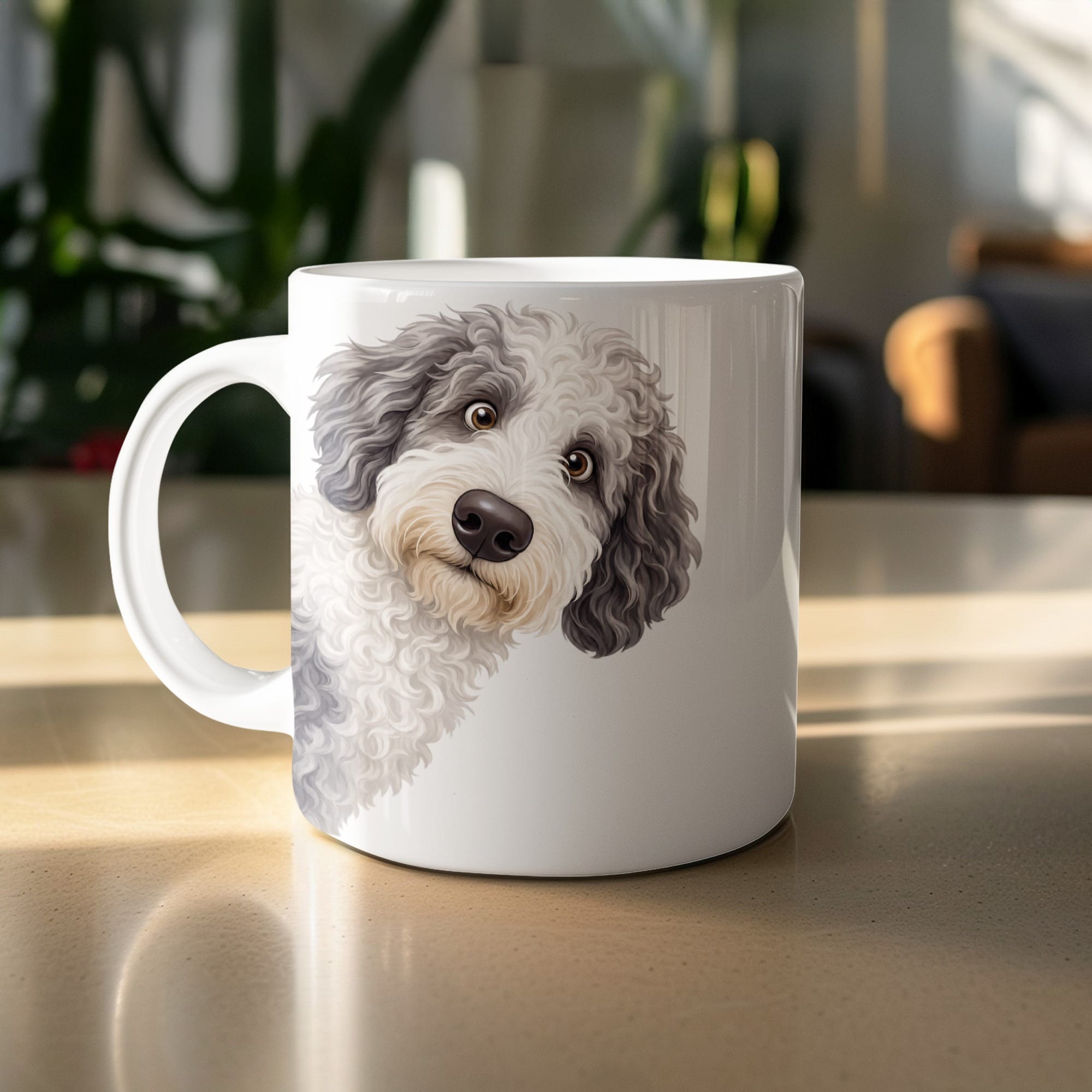 Funny Peeking Sheepadoodle Mug in by Puppy Jo