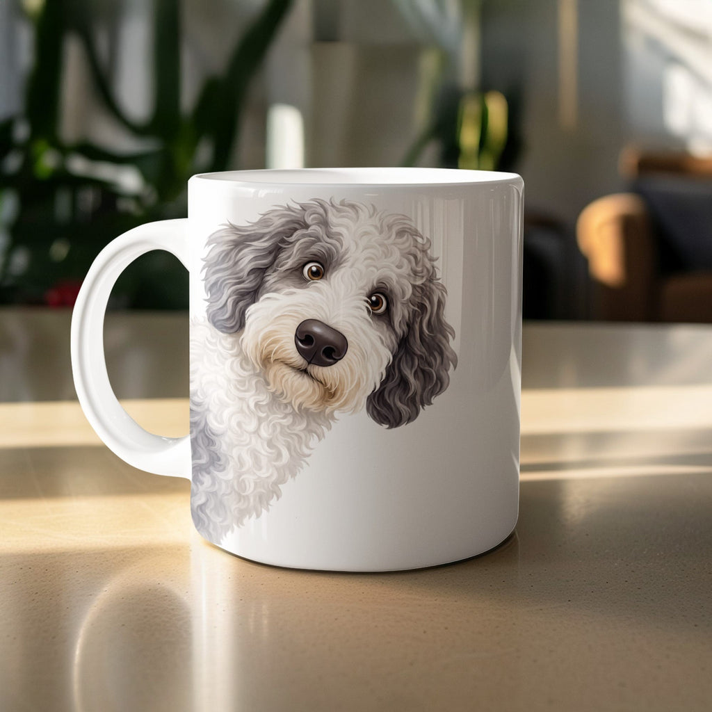 Funny Peeking Sheepadoodle Mug in by Puppy Jo
