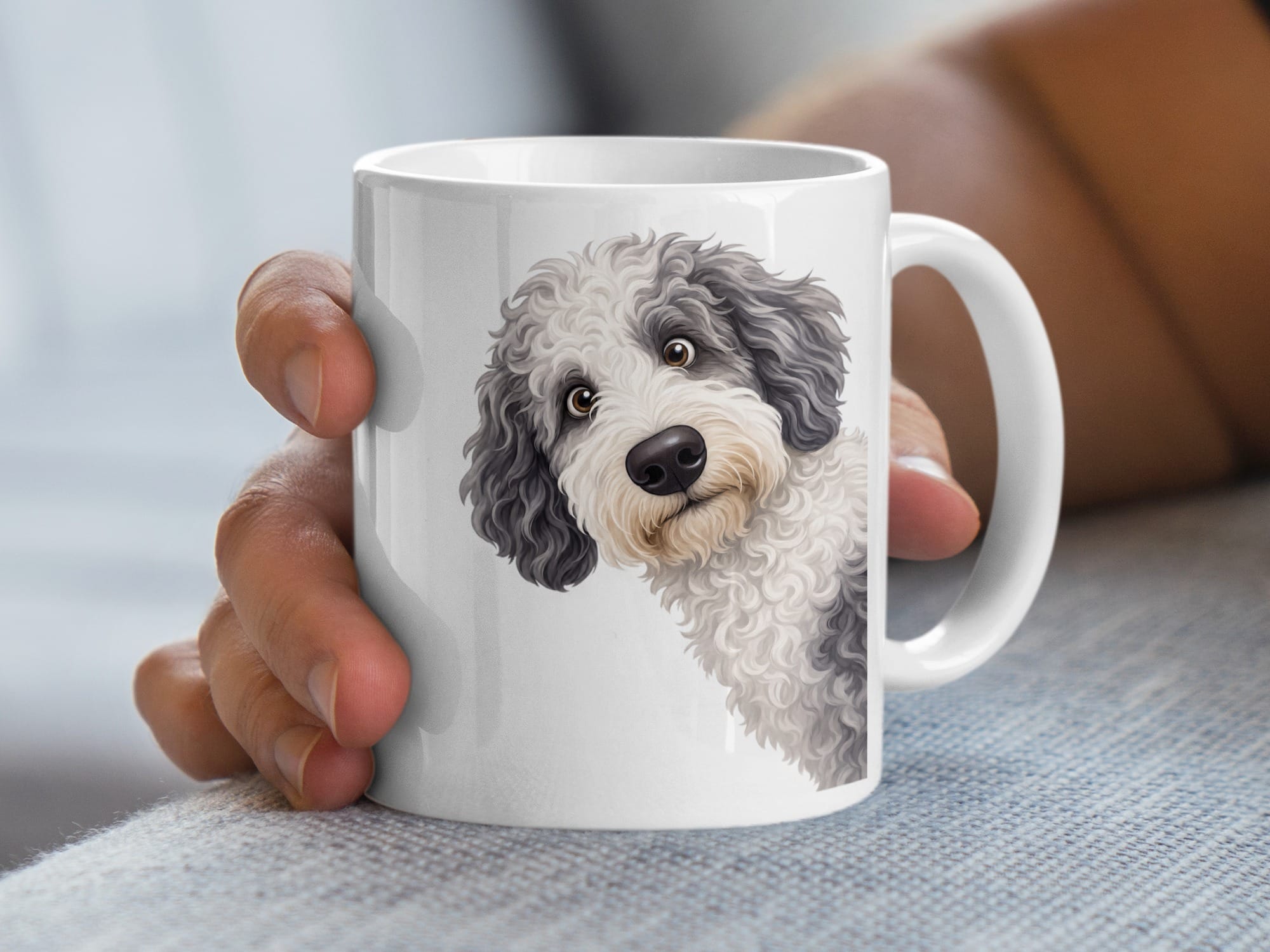 Funny Peeking Sheepadoodle Mug in by Puppy Jo