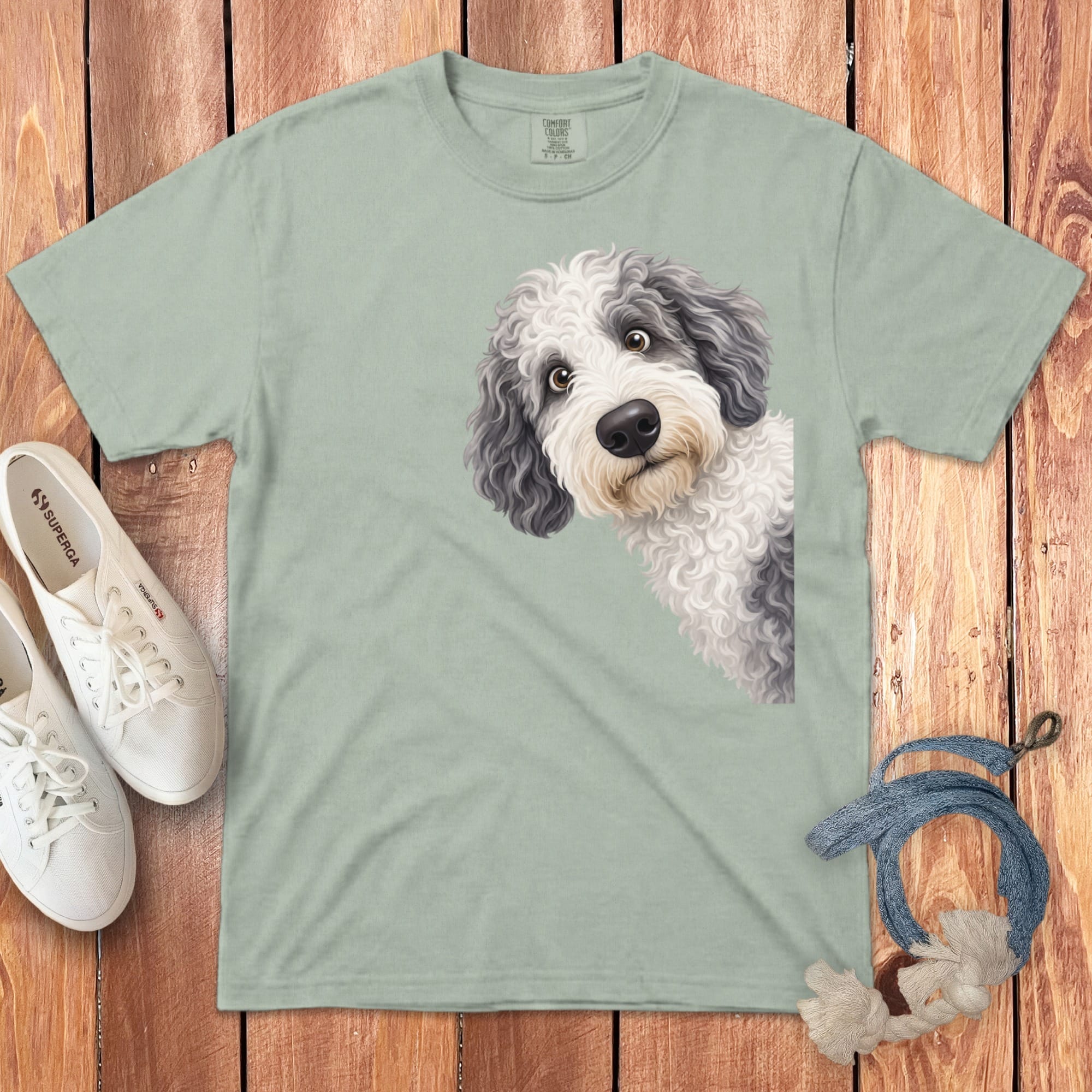 Funny Peeking Sheepadoodle Signature T-Shirt in Bay / S by Puppy Jo