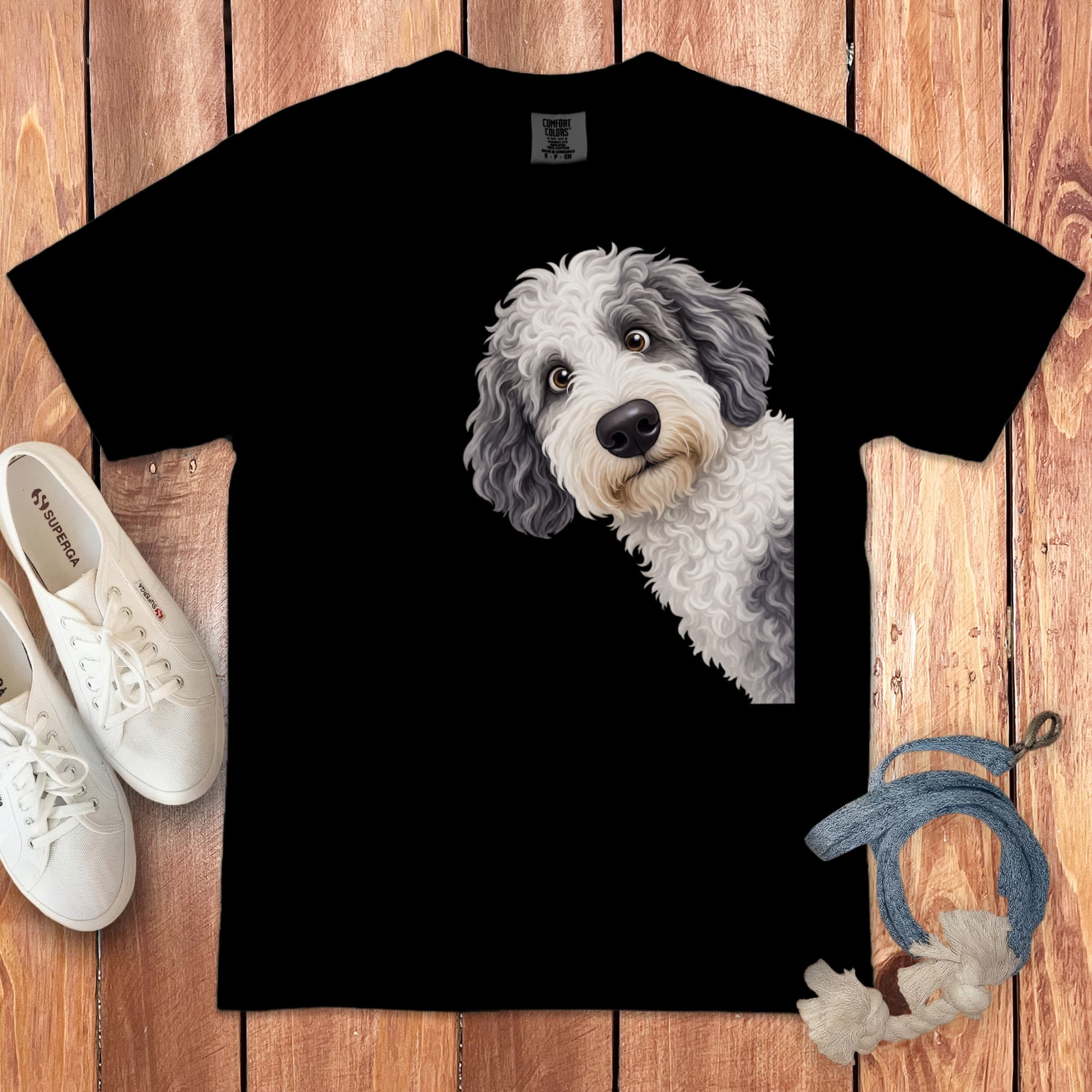 Funny Peeking Sheepadoodle Signature T-Shirt in Black / S by Puppy Jo
