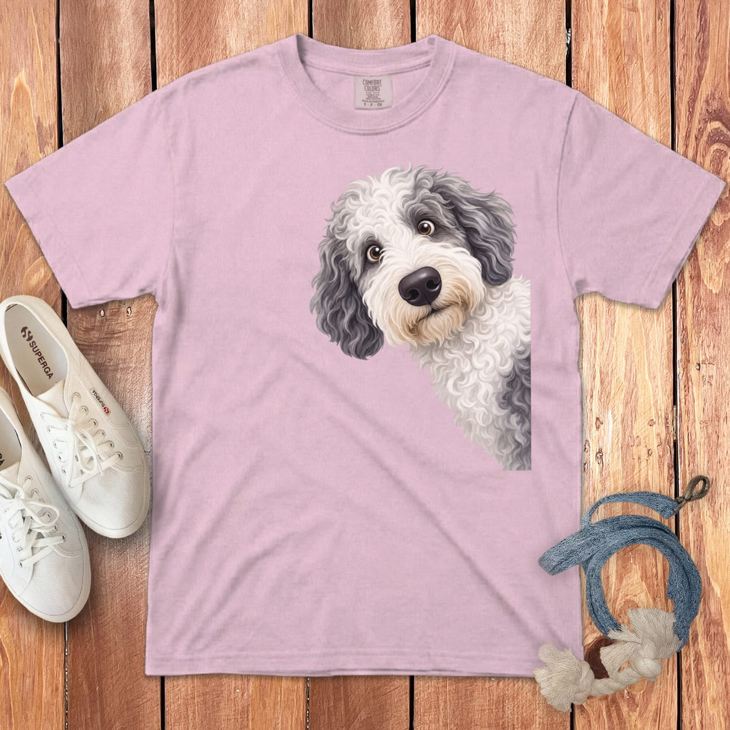 Funny Peeking Sheepadoodle Signature T-Shirt in Blossom / S by Puppy Jo