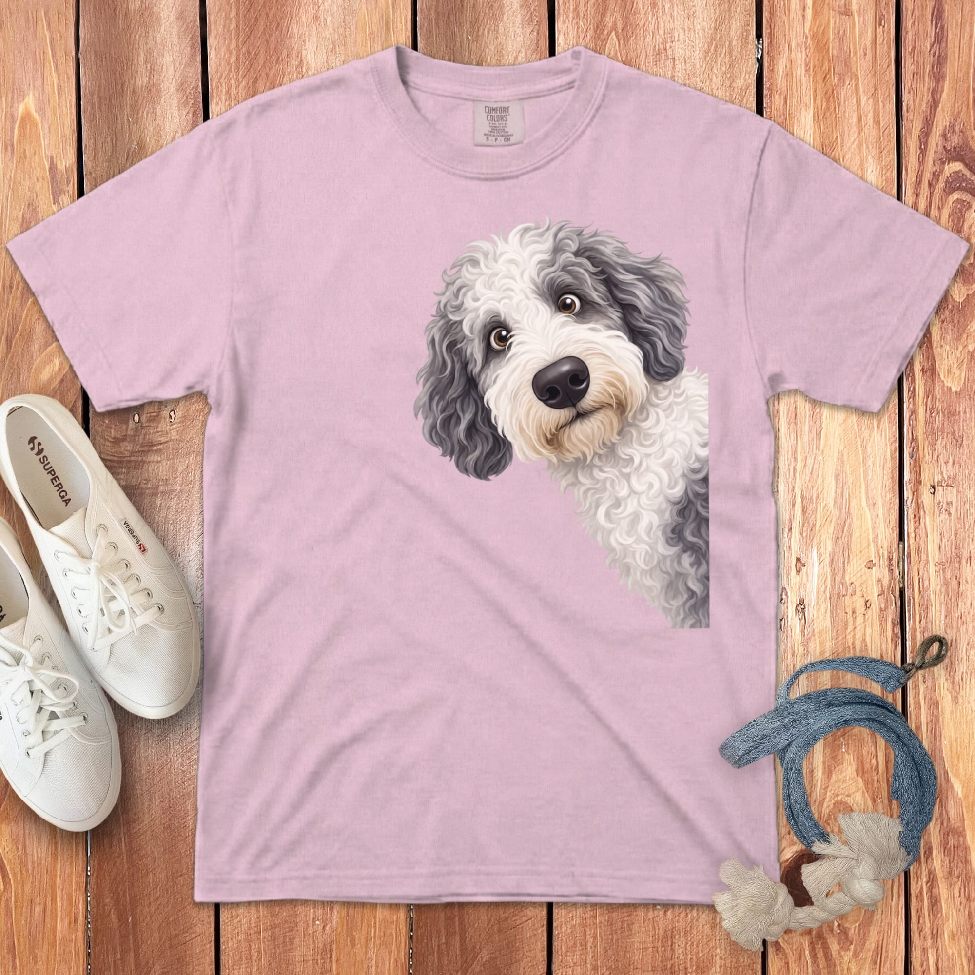 Funny Peeking Sheepadoodle Signature T-Shirt in Blossom / S by Puppy Jo