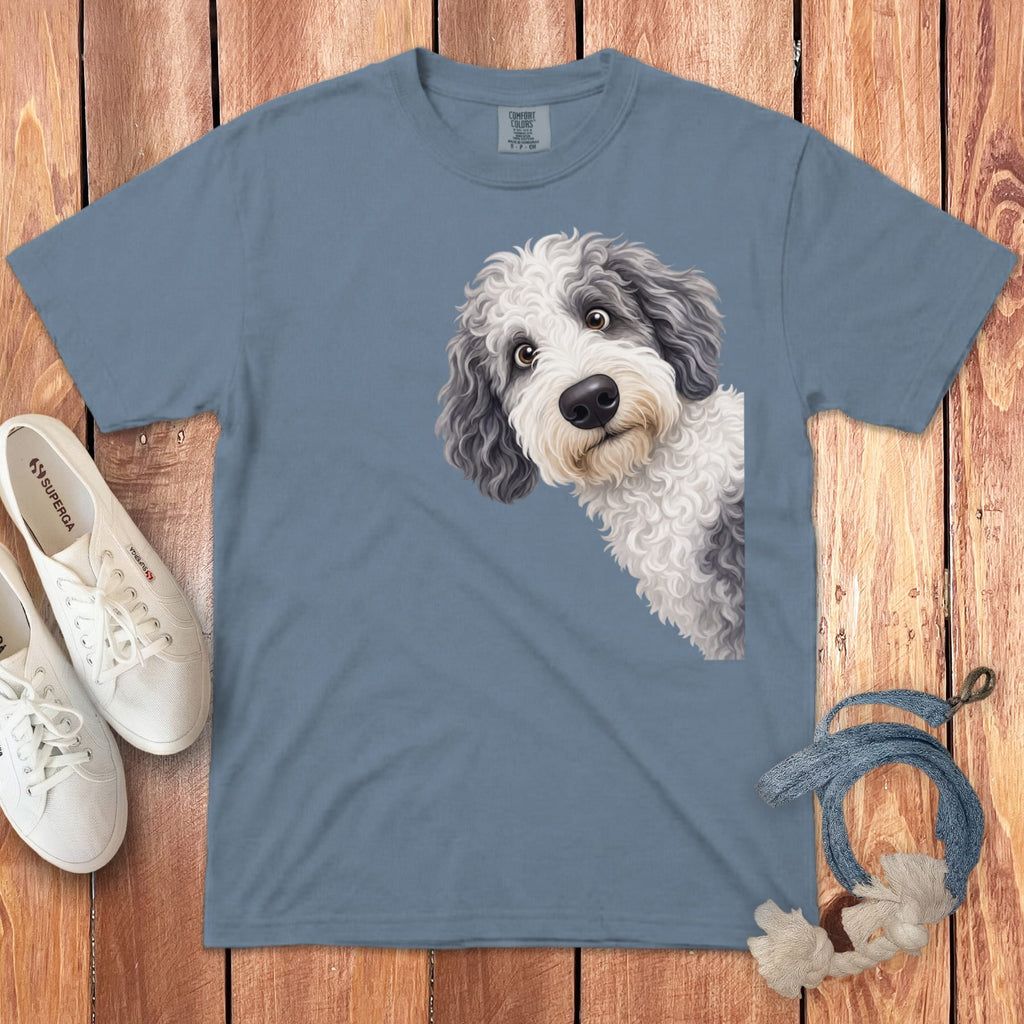 Funny Peeking Sheepadoodle Signature T-Shirt in Blue Jean / S by Puppy Jo