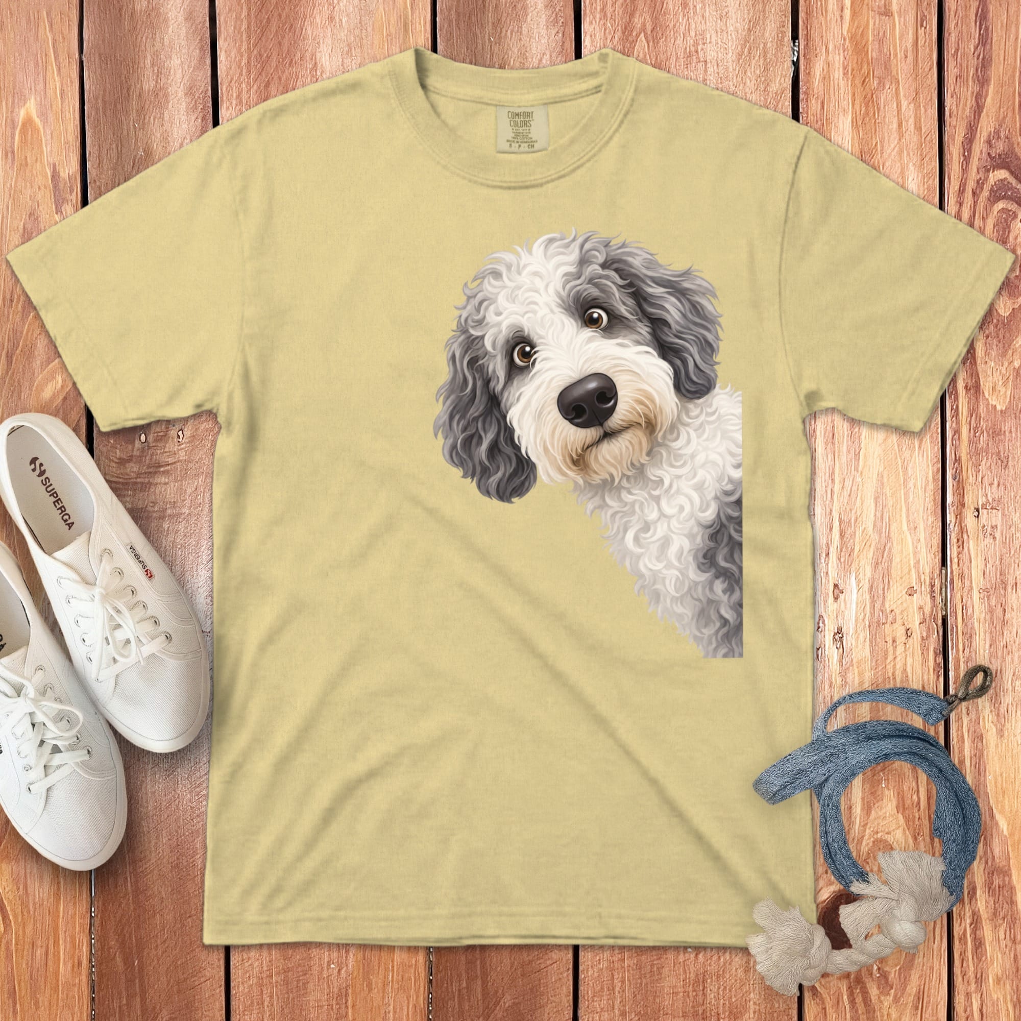 Funny Peeking Sheepadoodle Signature T-Shirt in Butter / S by Puppy Jo