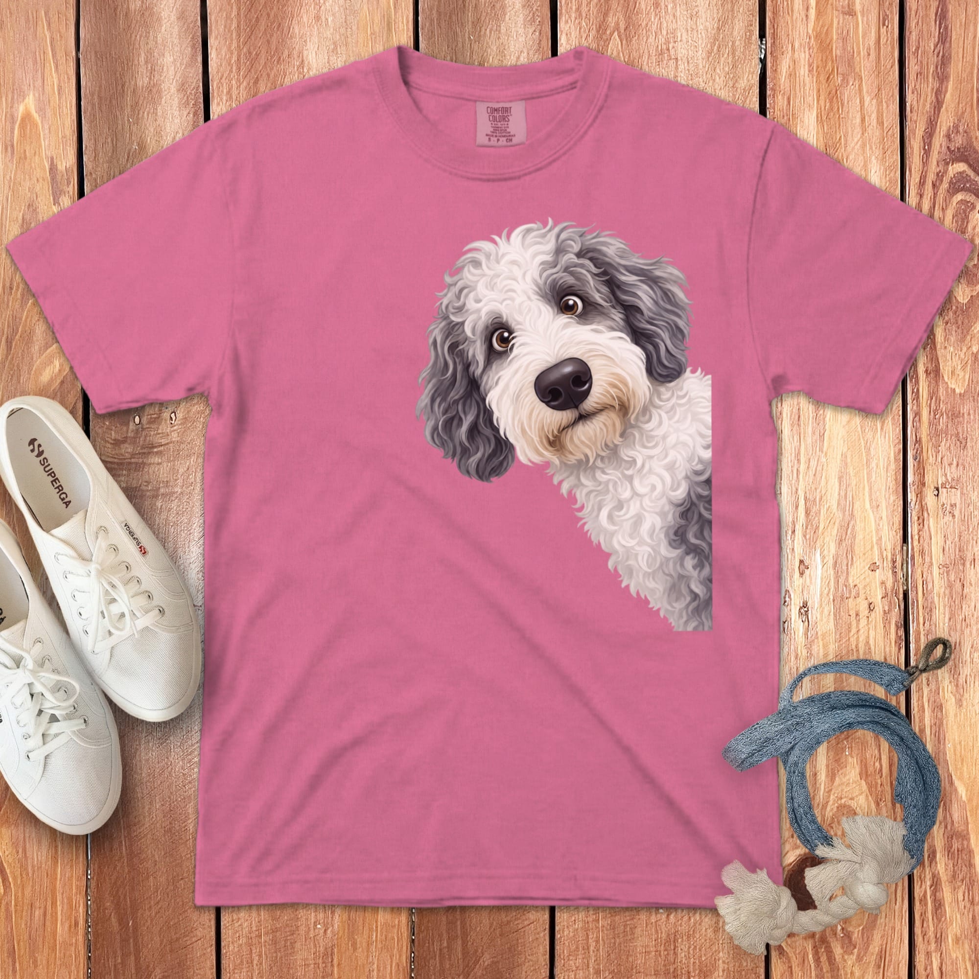 Funny Peeking Sheepadoodle Signature T-Shirt in Crunchberry / S by Puppy Jo