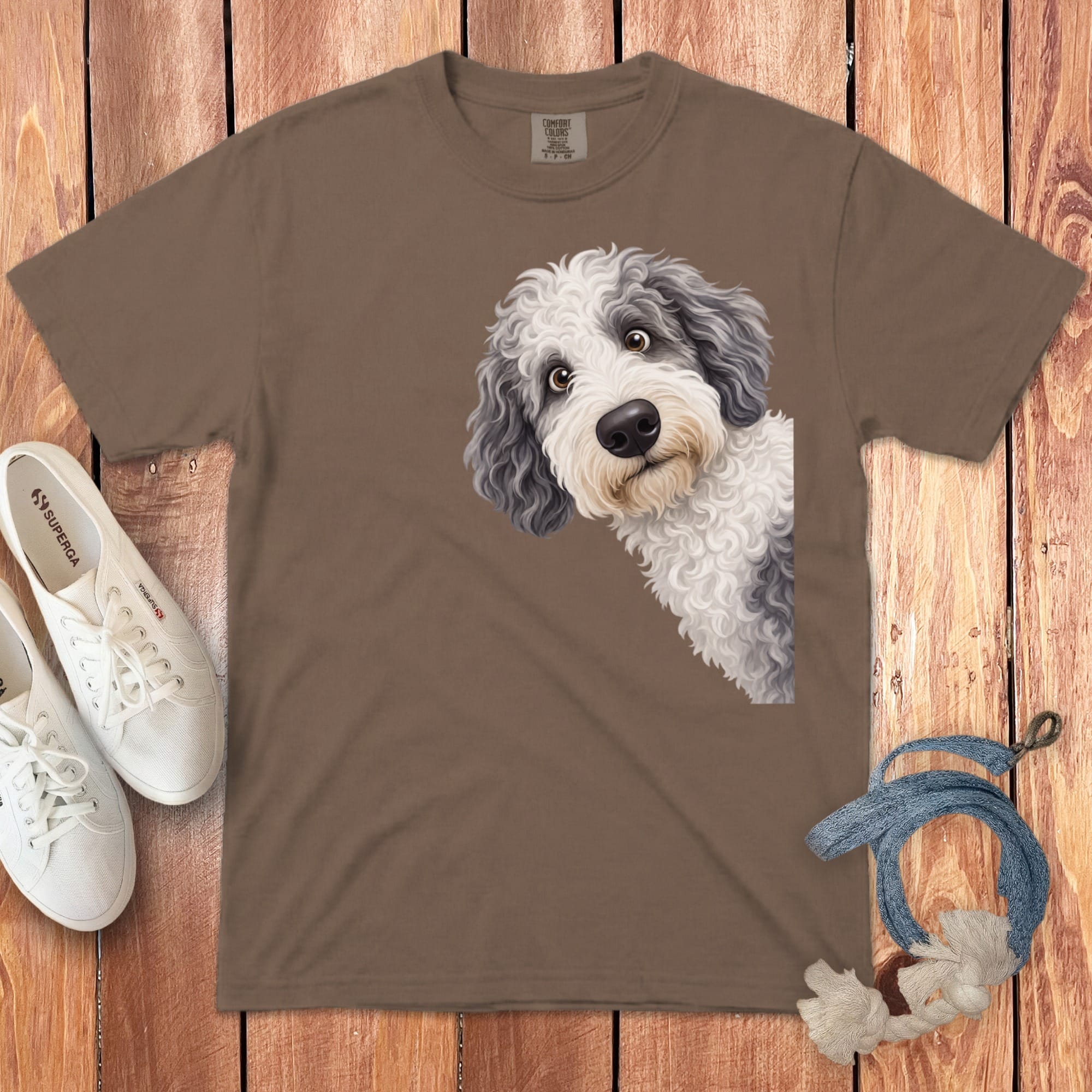 Funny Peeking Sheepadoodle Signature T-Shirt in Espresso / S by Puppy Jo