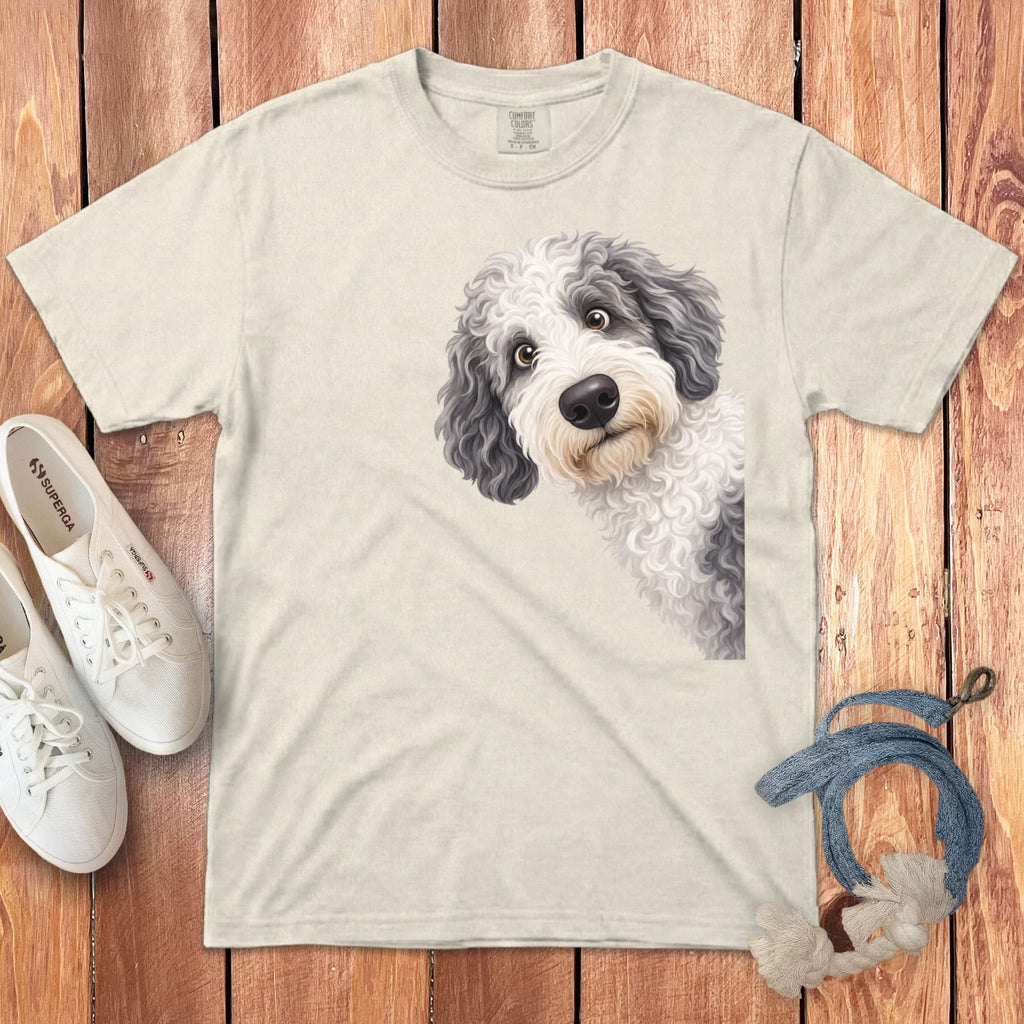 Funny Peeking Sheepadoodle Signature T-Shirt in Ivory / S by Puppy Jo