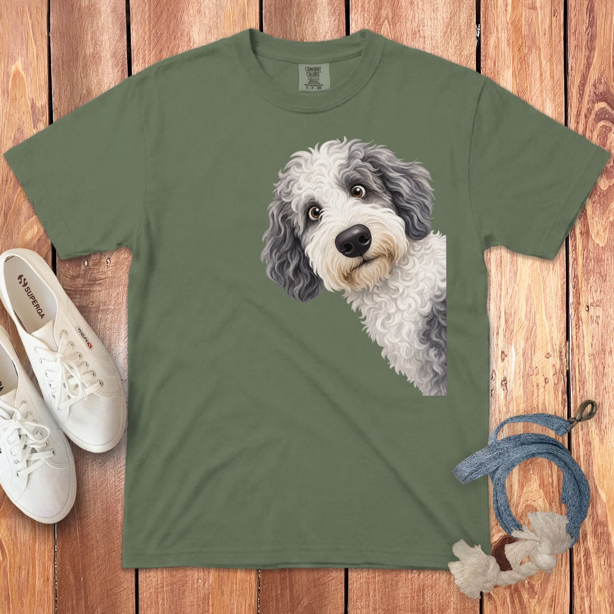 Funny Peeking Sheepadoodle Signature T-Shirt in Moss / S by Puppy Jo
