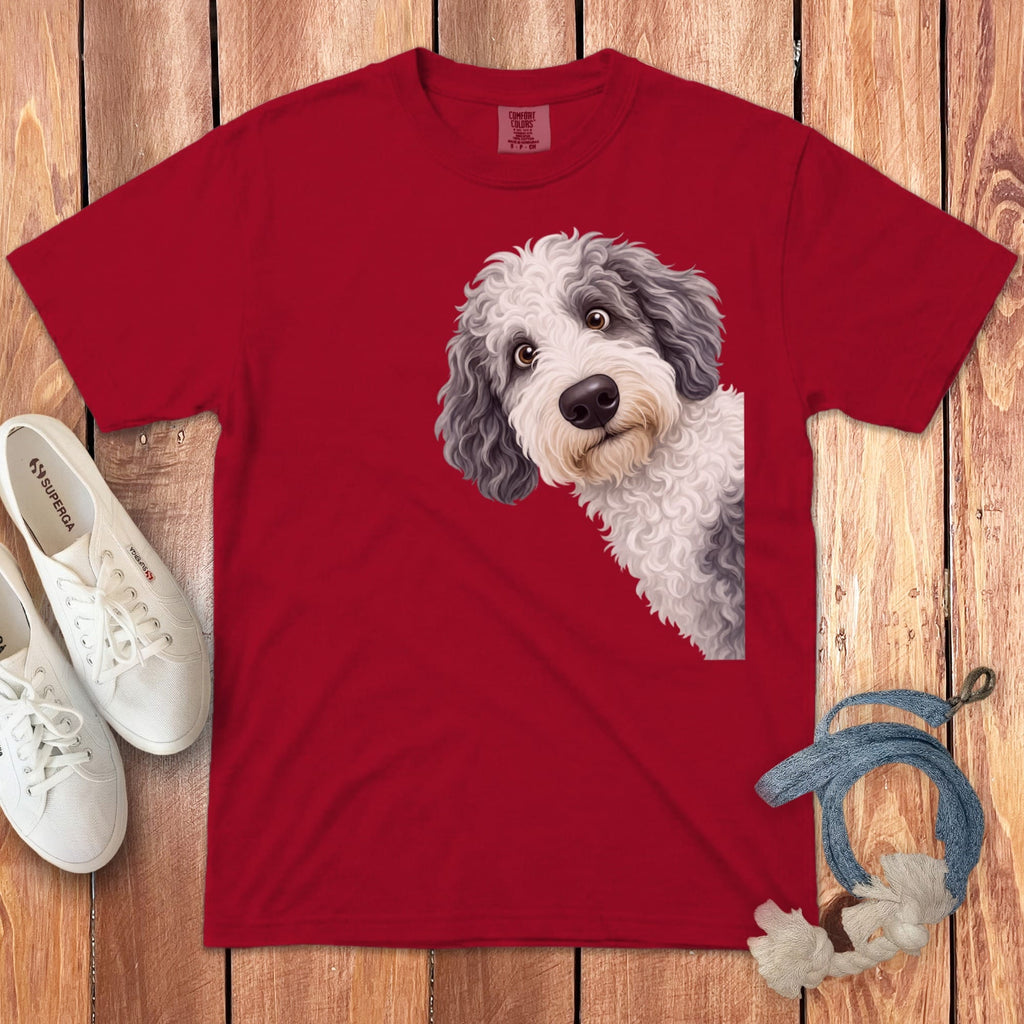 Funny Peeking Sheepadoodle Signature T-Shirt in Red / S by Puppy Jo