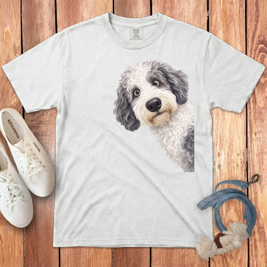 Funny Peeking Sheepadoodle Signature T-Shirt in White / S by Puppy Jo