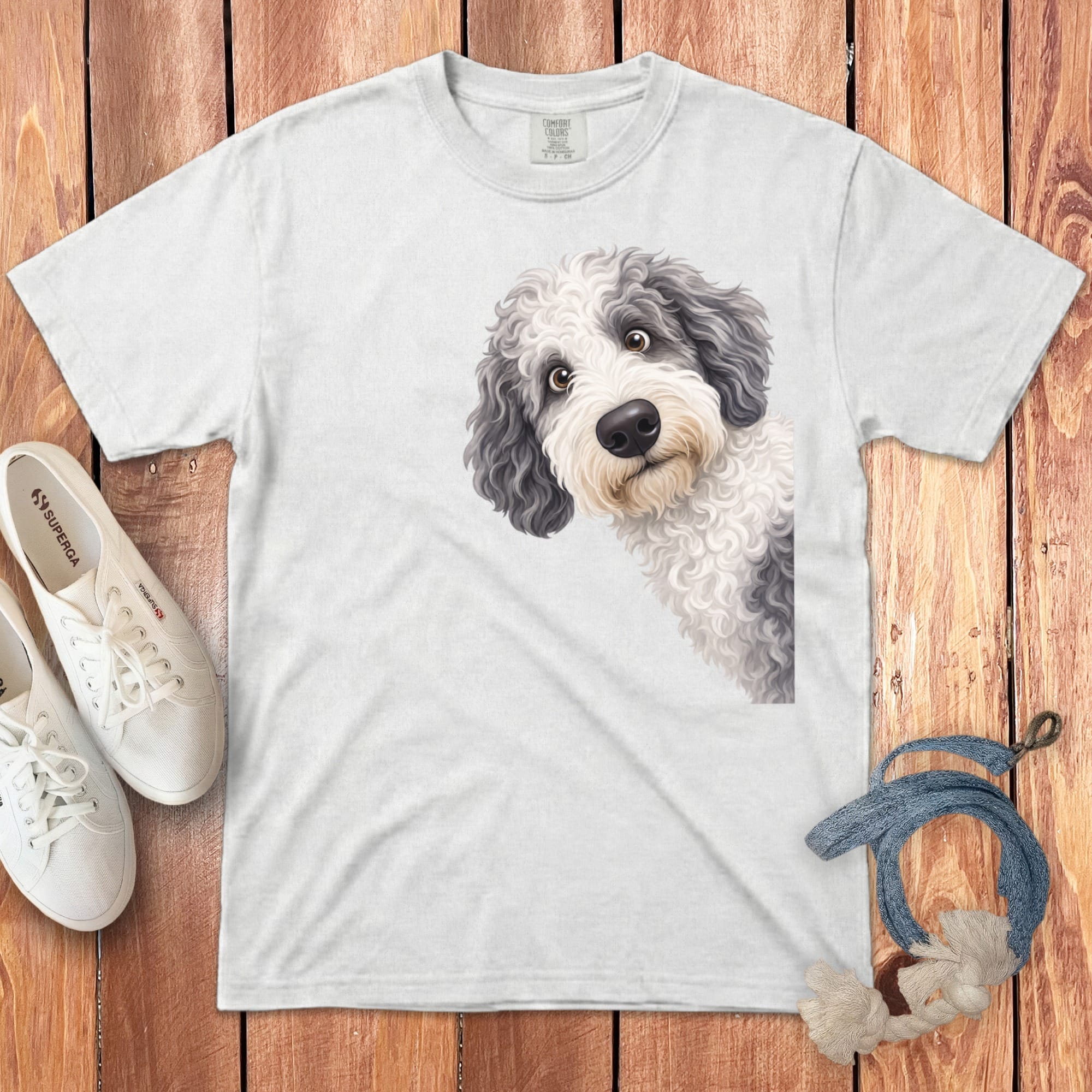 Funny Peeking Sheepadoodle Signature T-Shirt in White / S by Puppy Jo