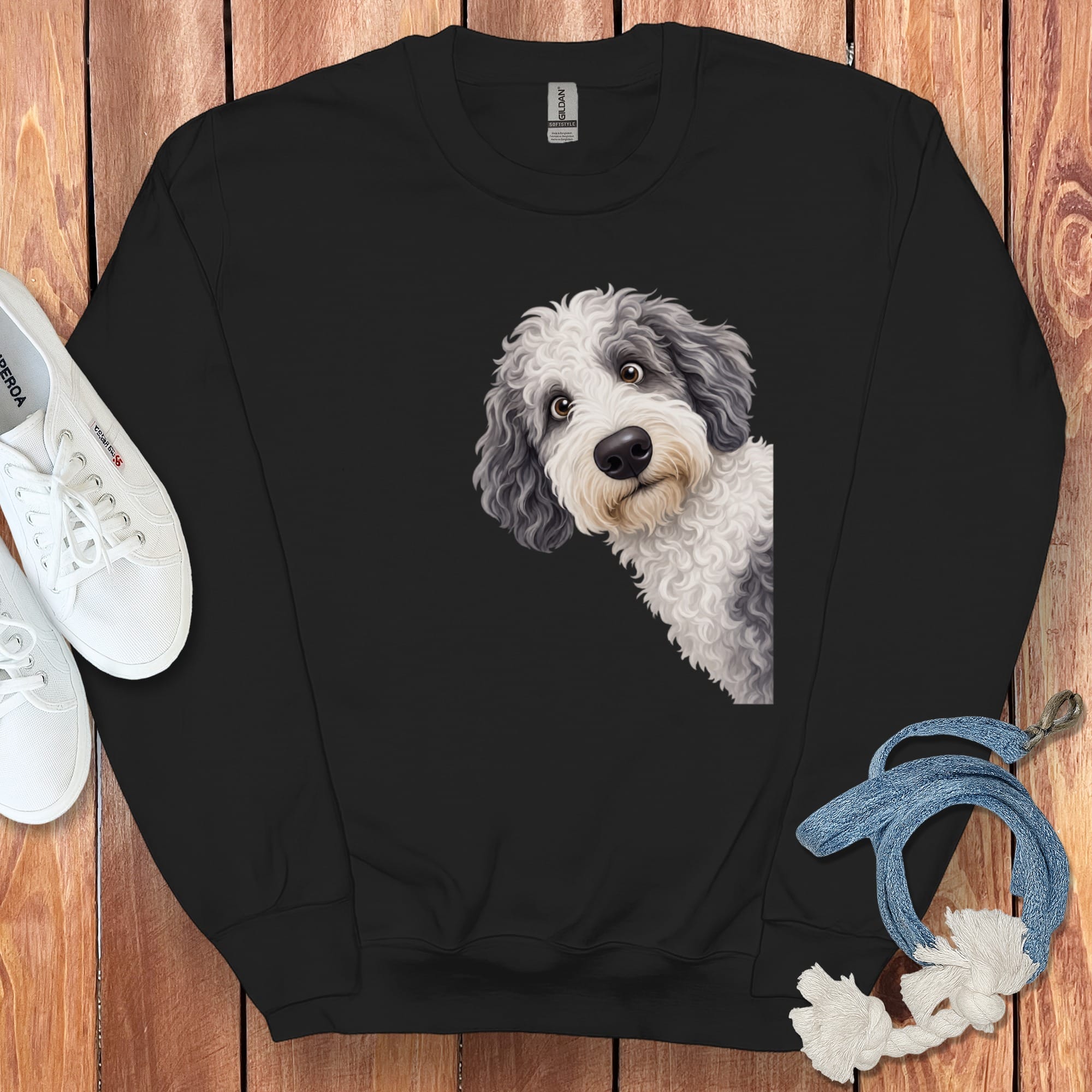 Funny Peeking Sheepadoodle Sweatshirt in Black / S by Puppy Jo