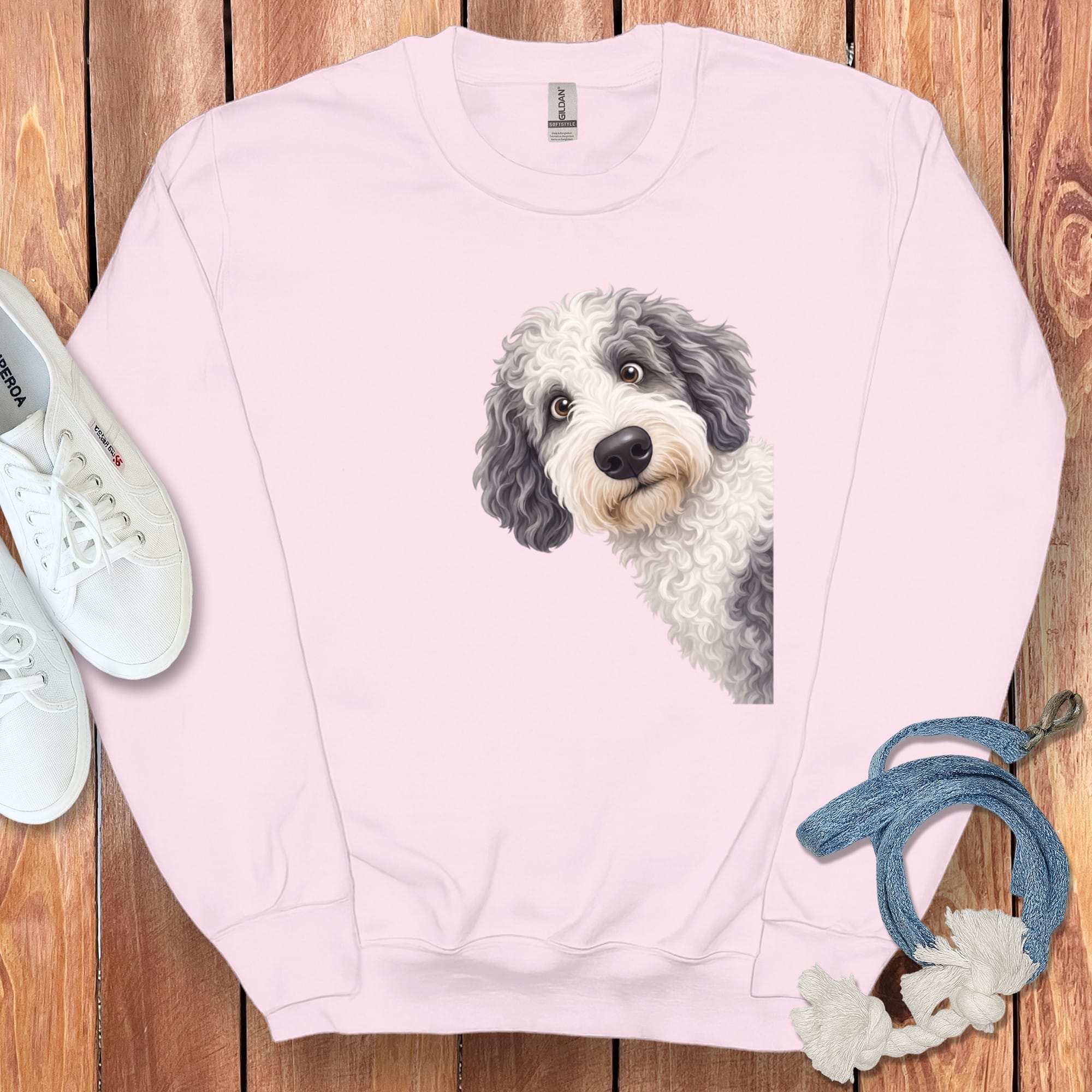 Funny Peeking Sheepadoodle Sweatshirt in Light Pink / S by Puppy Jo