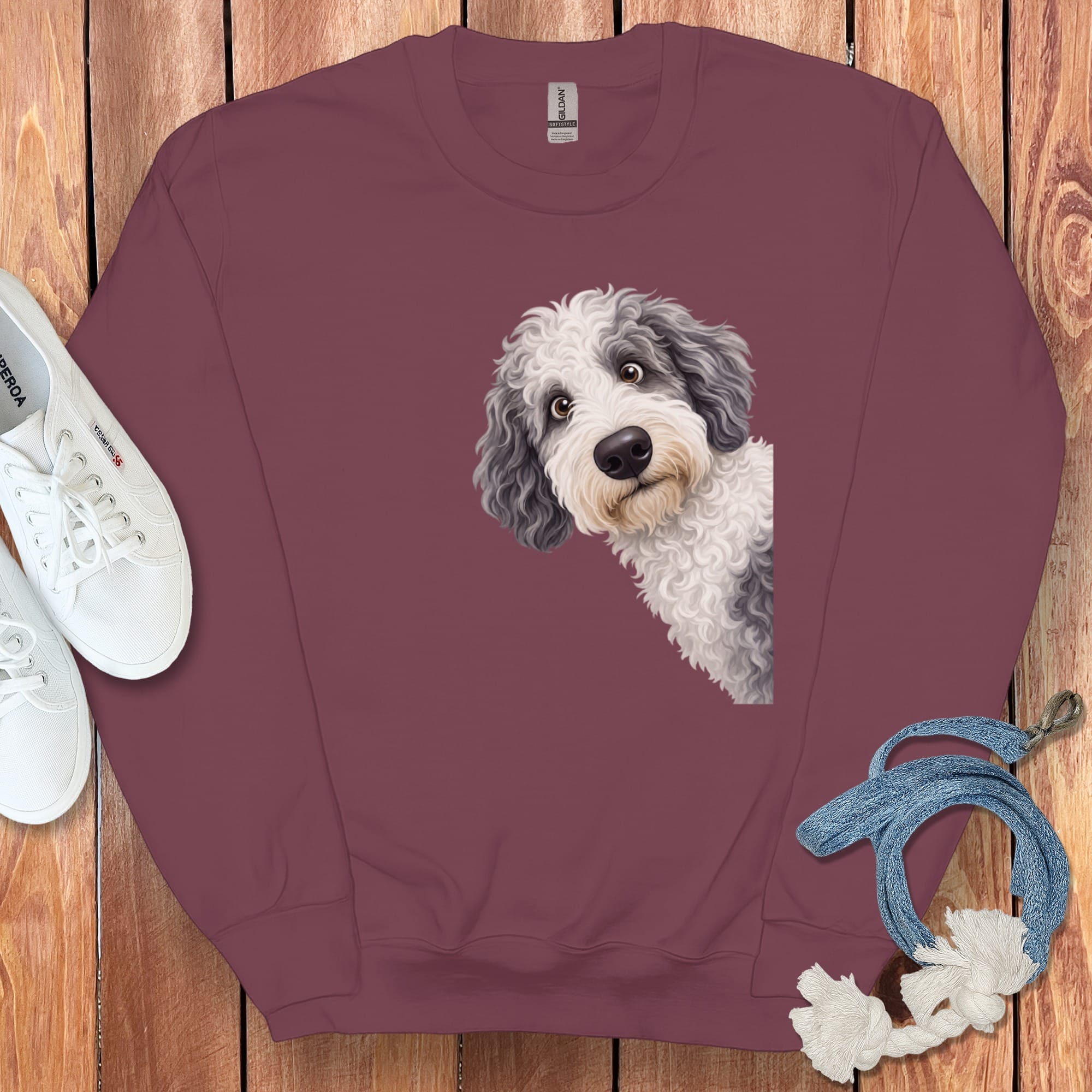 Funny Peeking Sheepadoodle Sweatshirt in Maroon / S by Puppy Jo