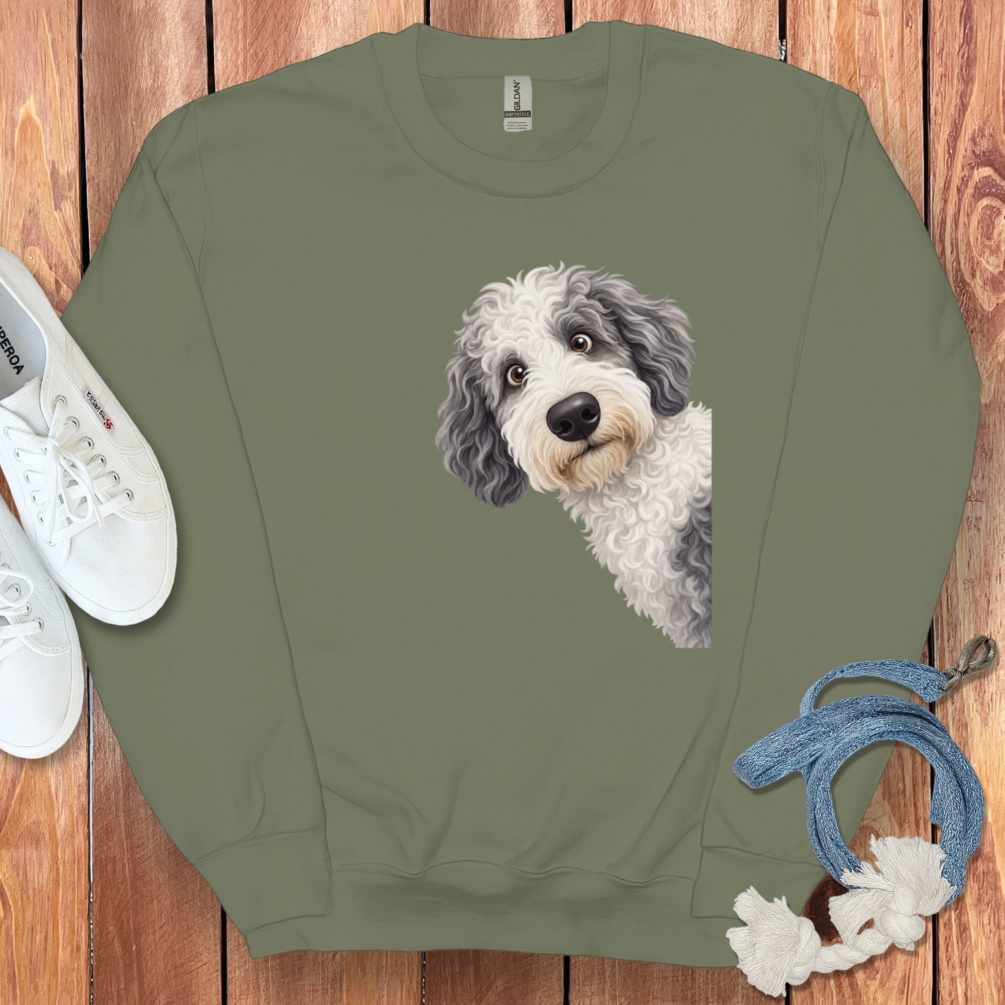 Funny Peeking Sheepadoodle Sweatshirt in Military Green / S by Puppy Jo