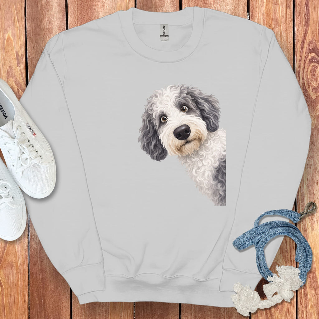 Funny Peeking Sheepadoodle Sweatshirt in by Puppy Jo