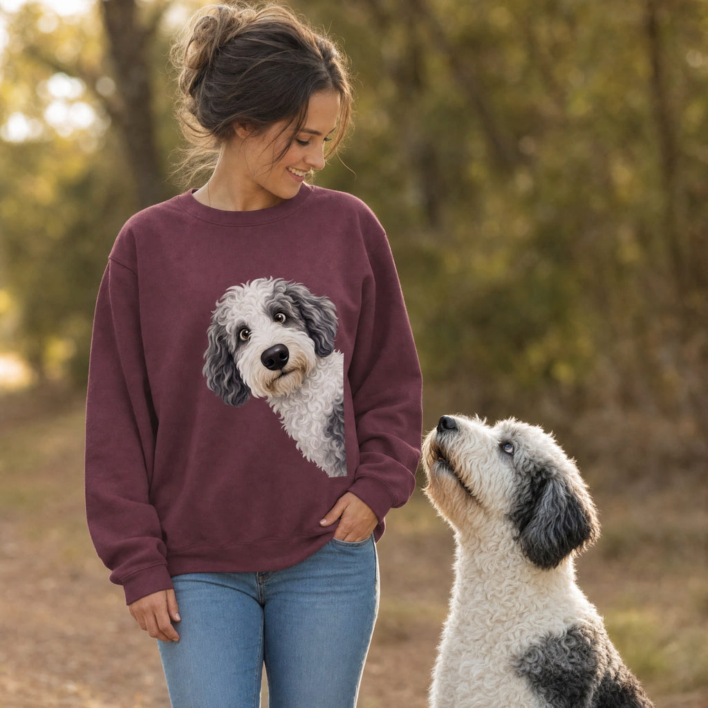 Funny Peeking Sheepadoodle Sweatshirt in by Puppy Jo