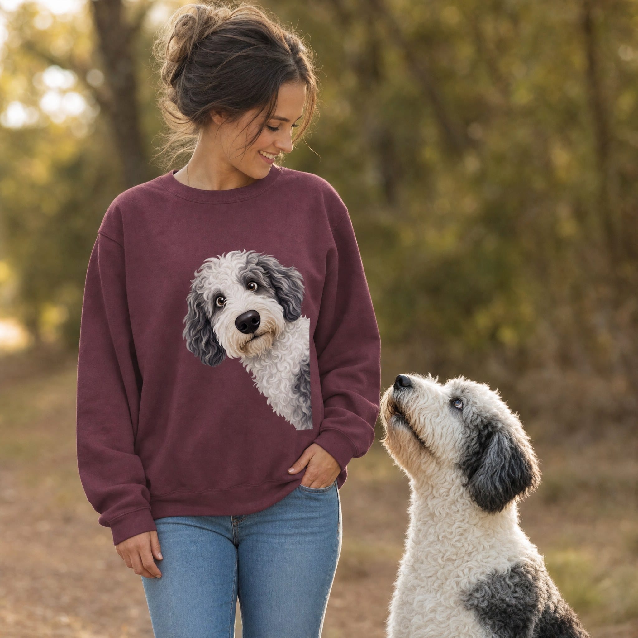 Funny Peeking Sheepadoodle Sweatshirt in by Puppy Jo