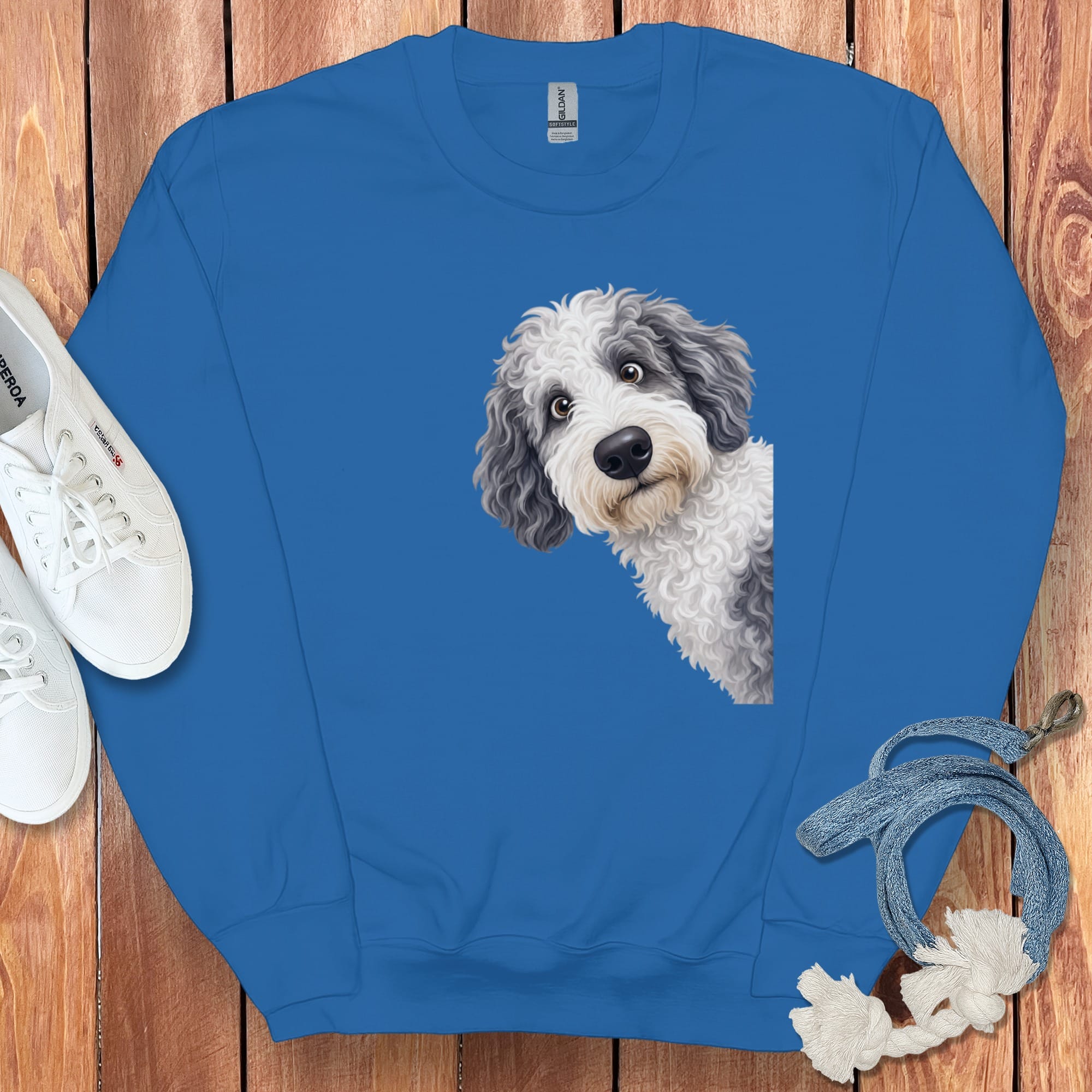 Funny Peeking Sheepadoodle Sweatshirt in Royal / S by Puppy Jo