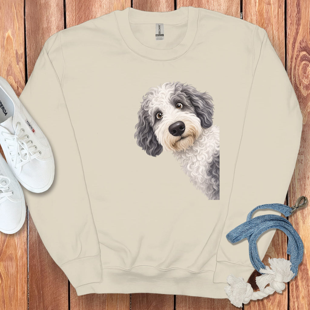 Funny Peeking Sheepadoodle Sweatshirt in Sand / S by Puppy Jo
