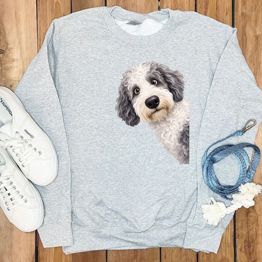 Funny Peeking Sheepadoodle Sweatshirt in Sport Grey / S by Puppy Jo