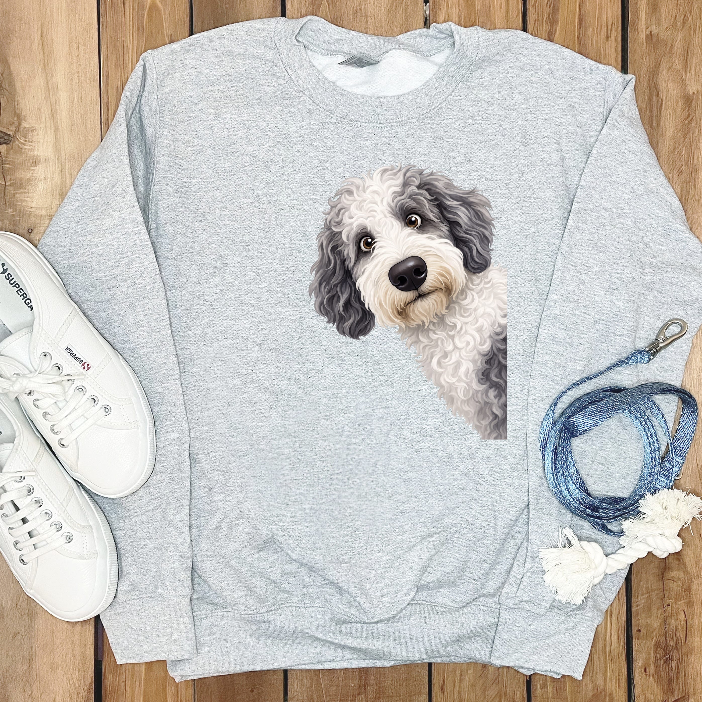 Funny Peeking Sheepadoodle Sweatshirt in Sport Grey / S by Puppy Jo