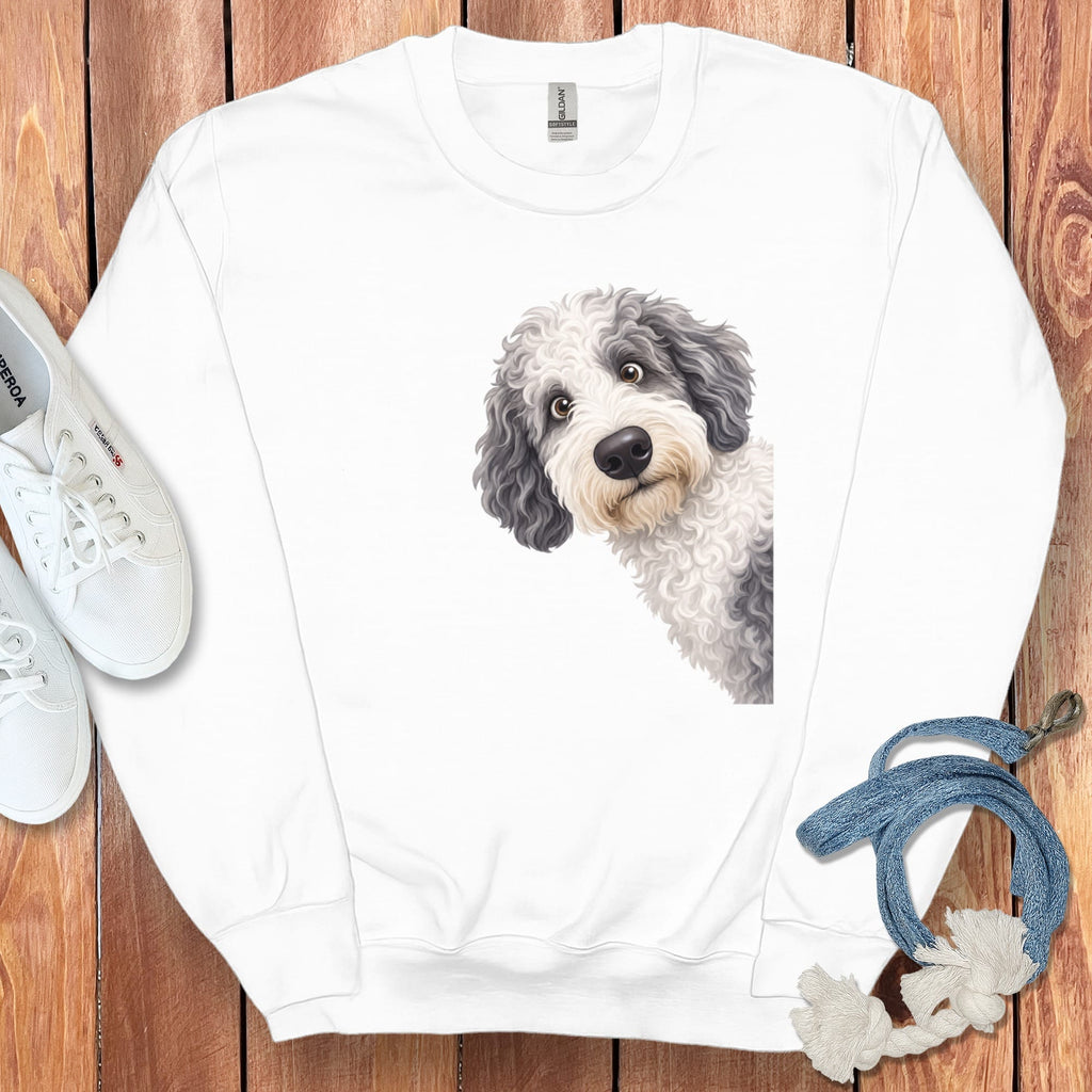 Funny Peeking Sheepadoodle Sweatshirt in White / S by Puppy Jo