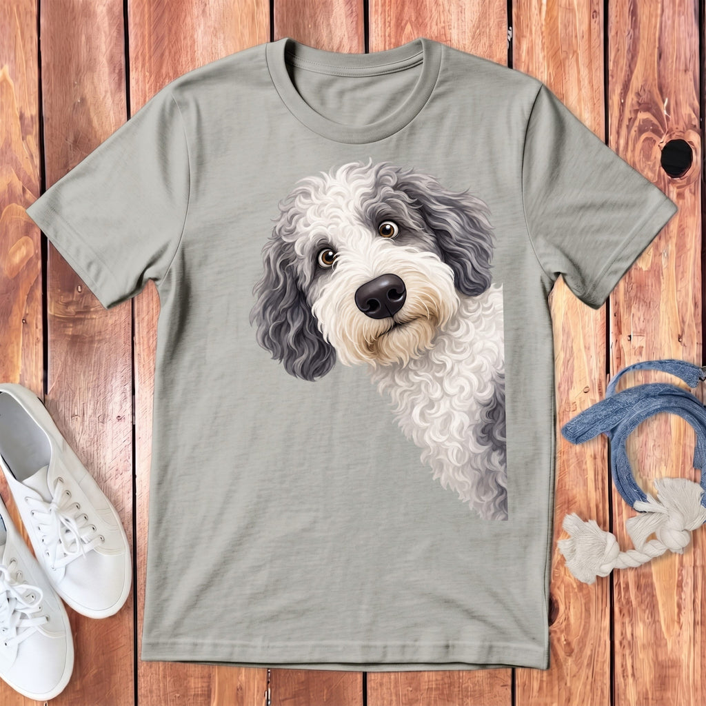 Funny Peeking Sheepadoodle Youth T-Shirt in Athletic Heather / S by Puppy Jo