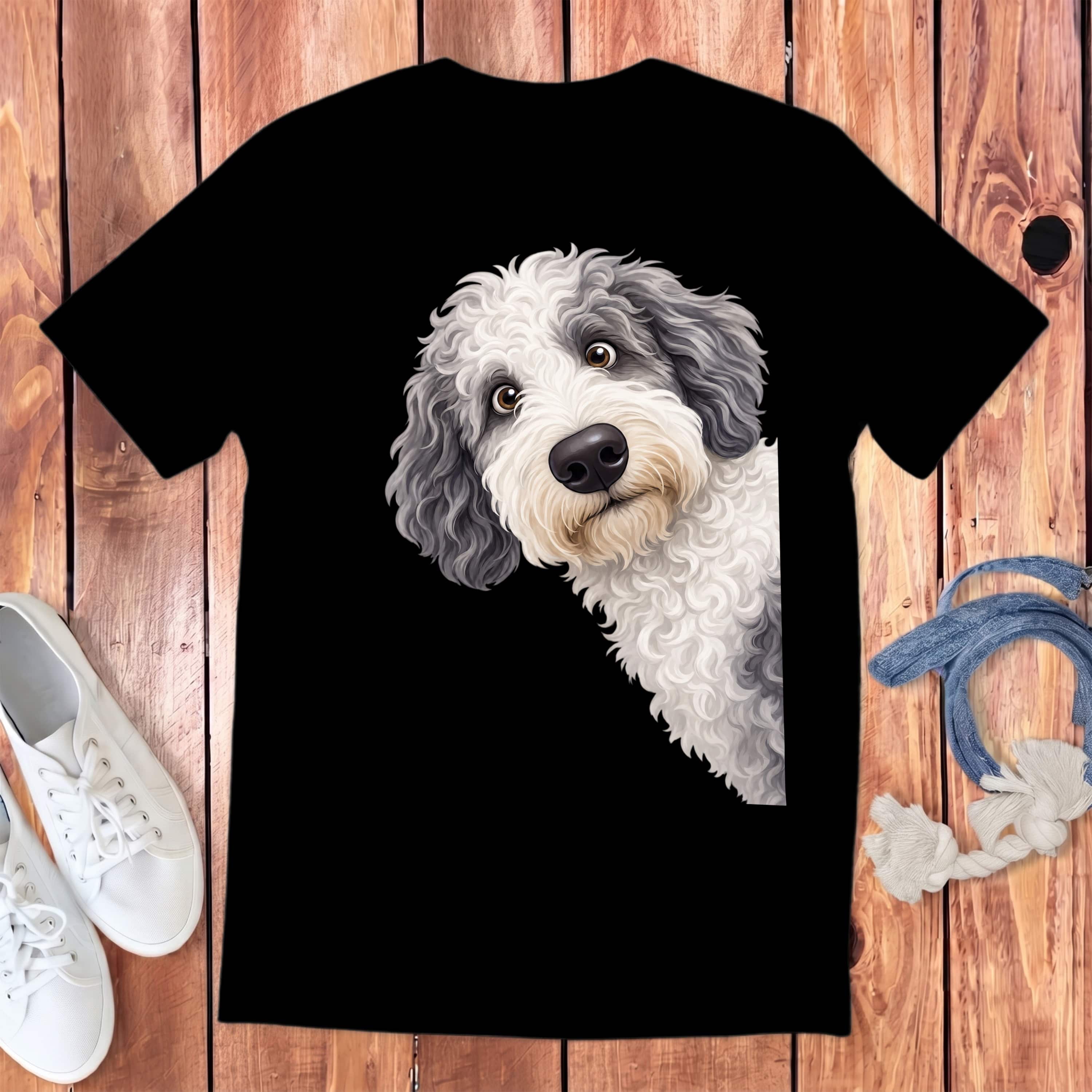 Funny Peeking Sheepadoodle Youth T-Shirt in Black / S by Puppy Jo