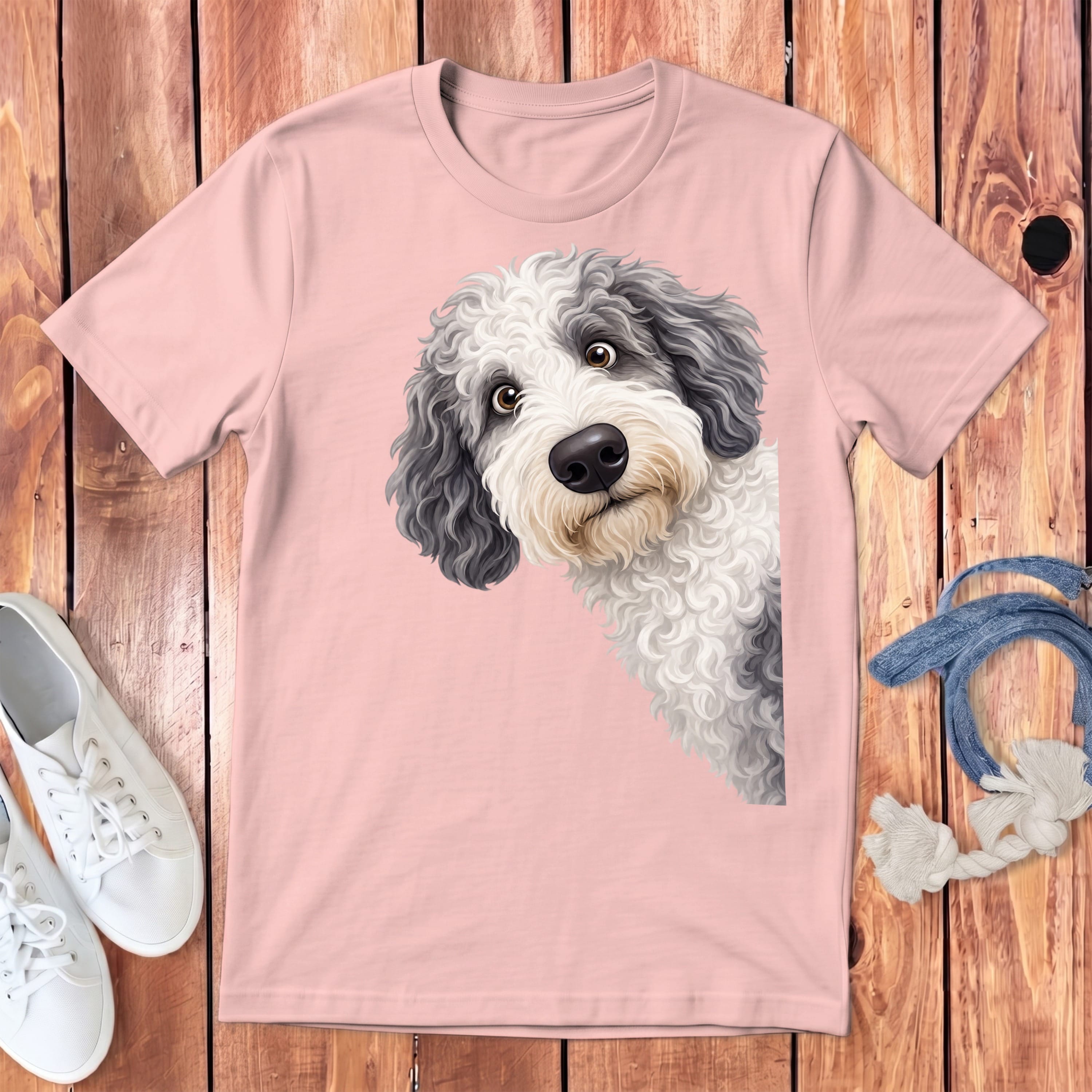 Funny Peeking Sheepadoodle Youth T-Shirt in Pink / S by Puppy Jo
