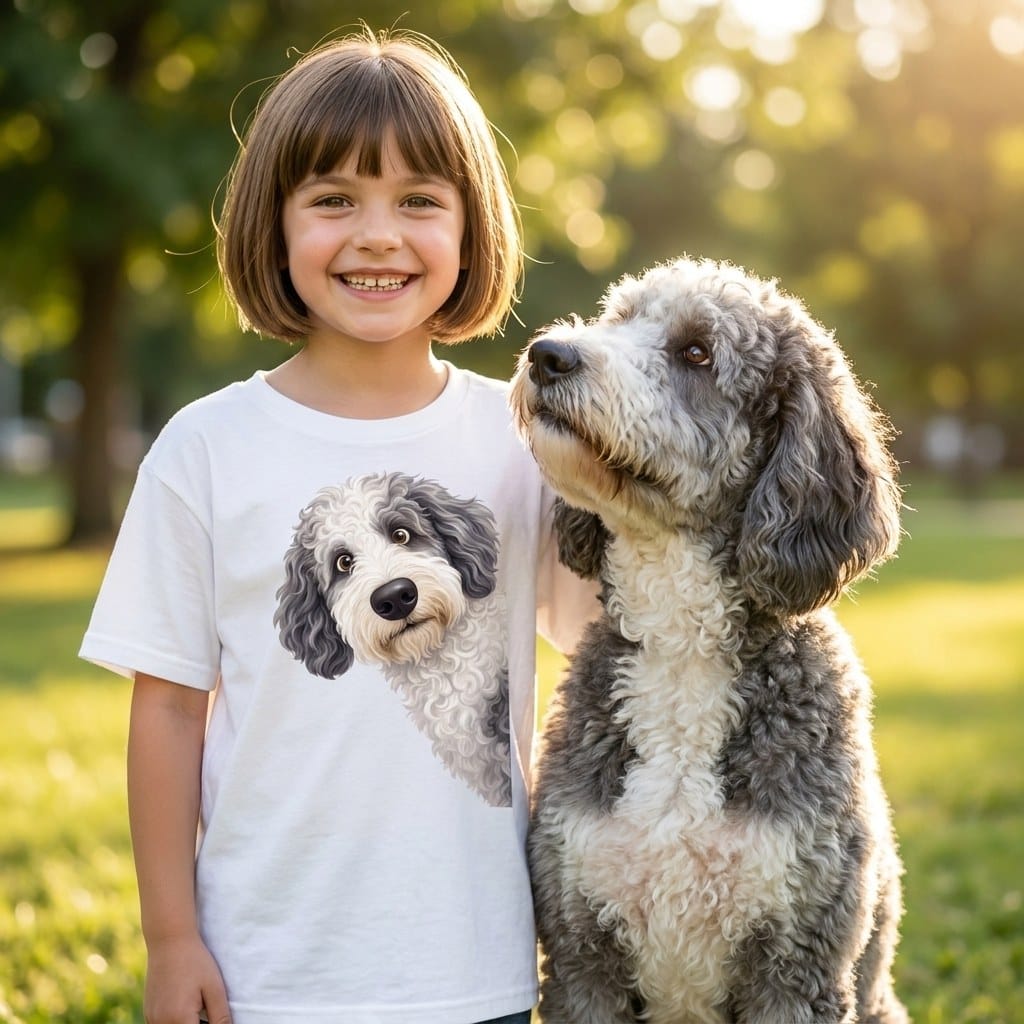 Funny Peeking Sheepadoodle Youth T-Shirt in by Puppy Jo