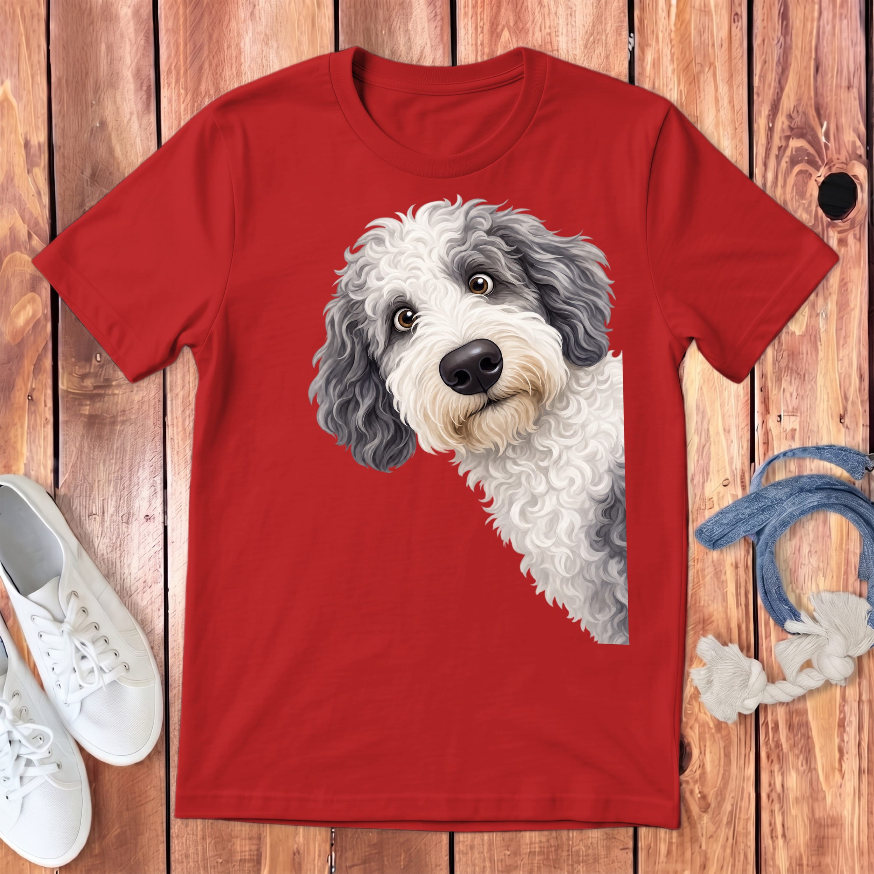 Funny Peeking Sheepadoodle Youth T-Shirt in Red / S by Puppy Jo