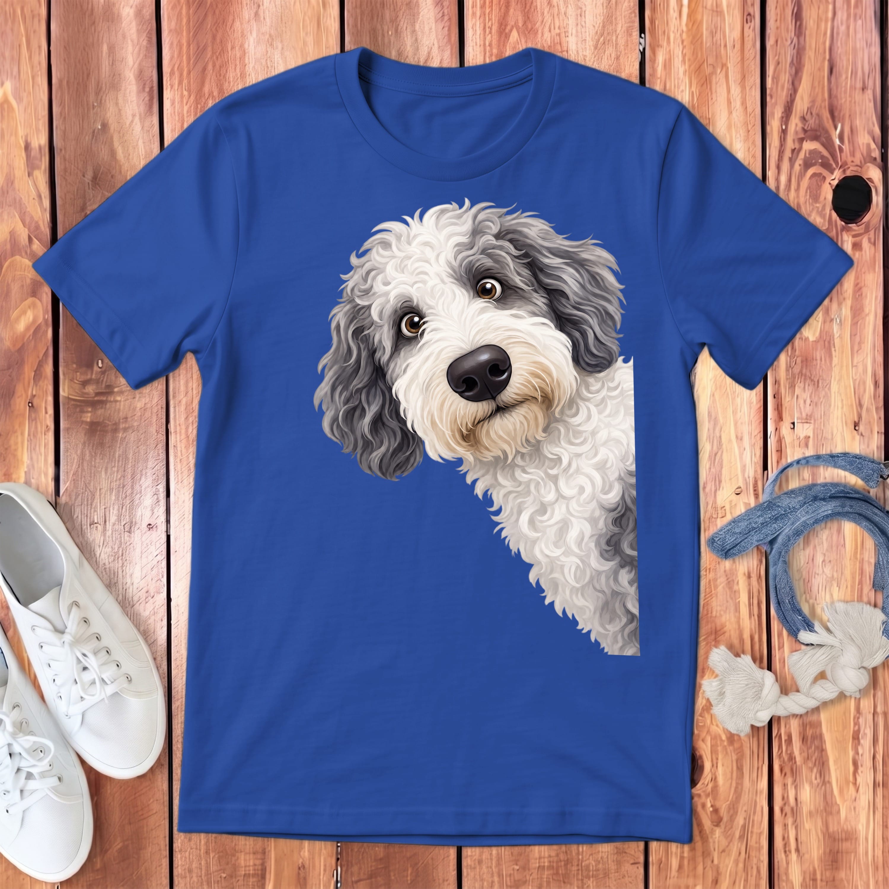 Funny Peeking Sheepadoodle Youth T-Shirt in True Royal / S by Puppy Jo