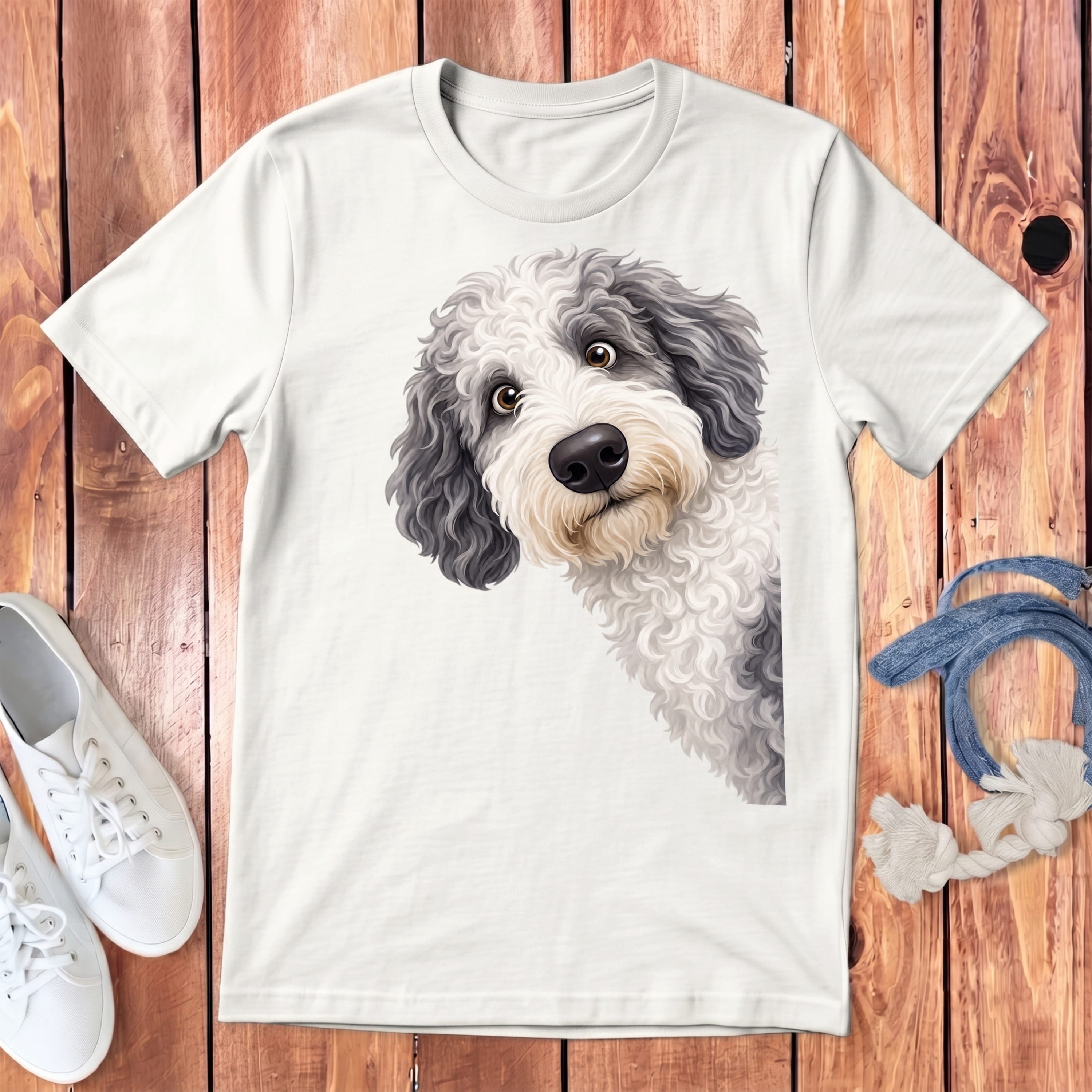 Funny Peeking Sheepadoodle Youth T-Shirt in White / S by Puppy Jo